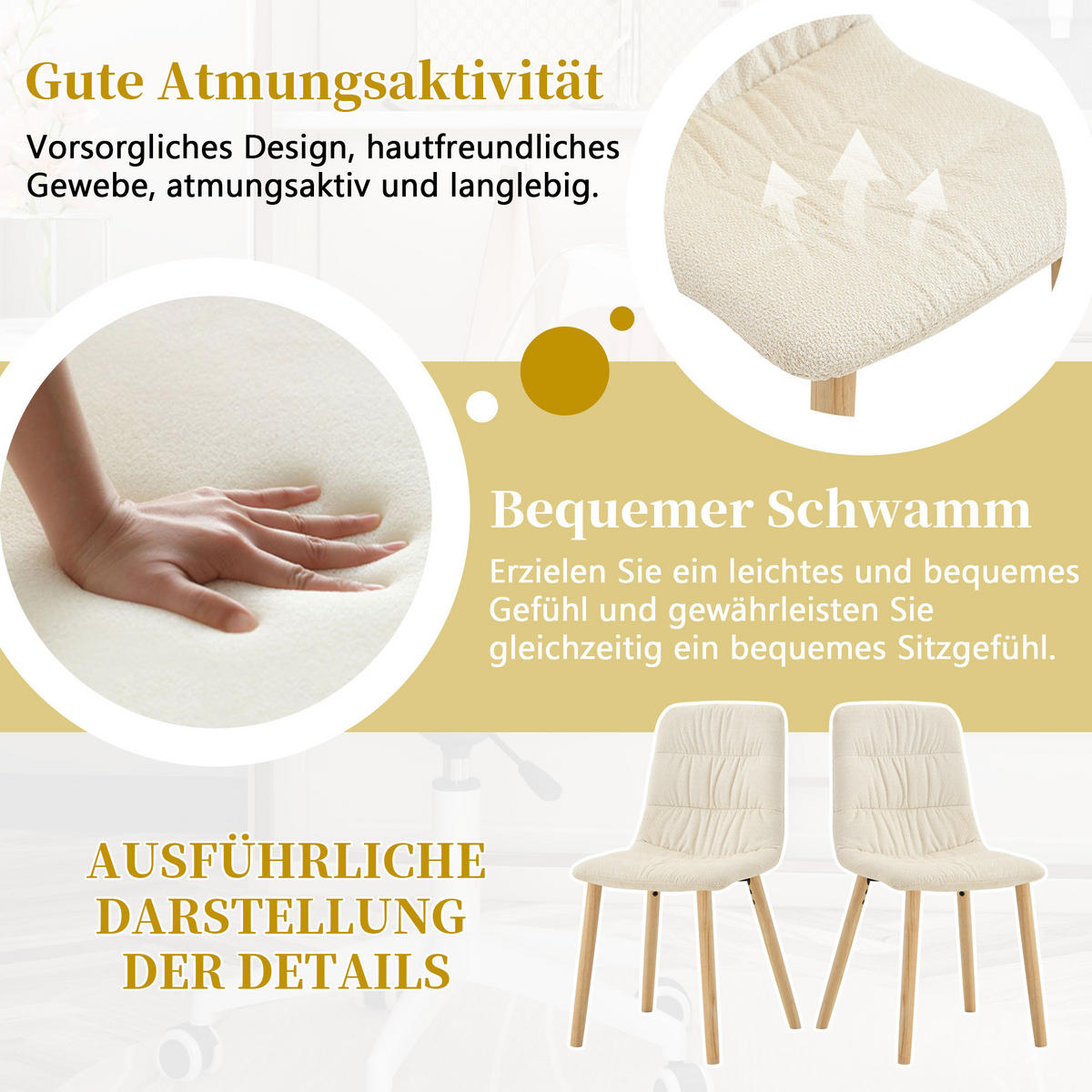 STUHL-SET DE-36643 2 Stück mit Stoffbezug und Massivholzbeinen Beige - Beige, Holz (48/88/44cm) - ComfortXL