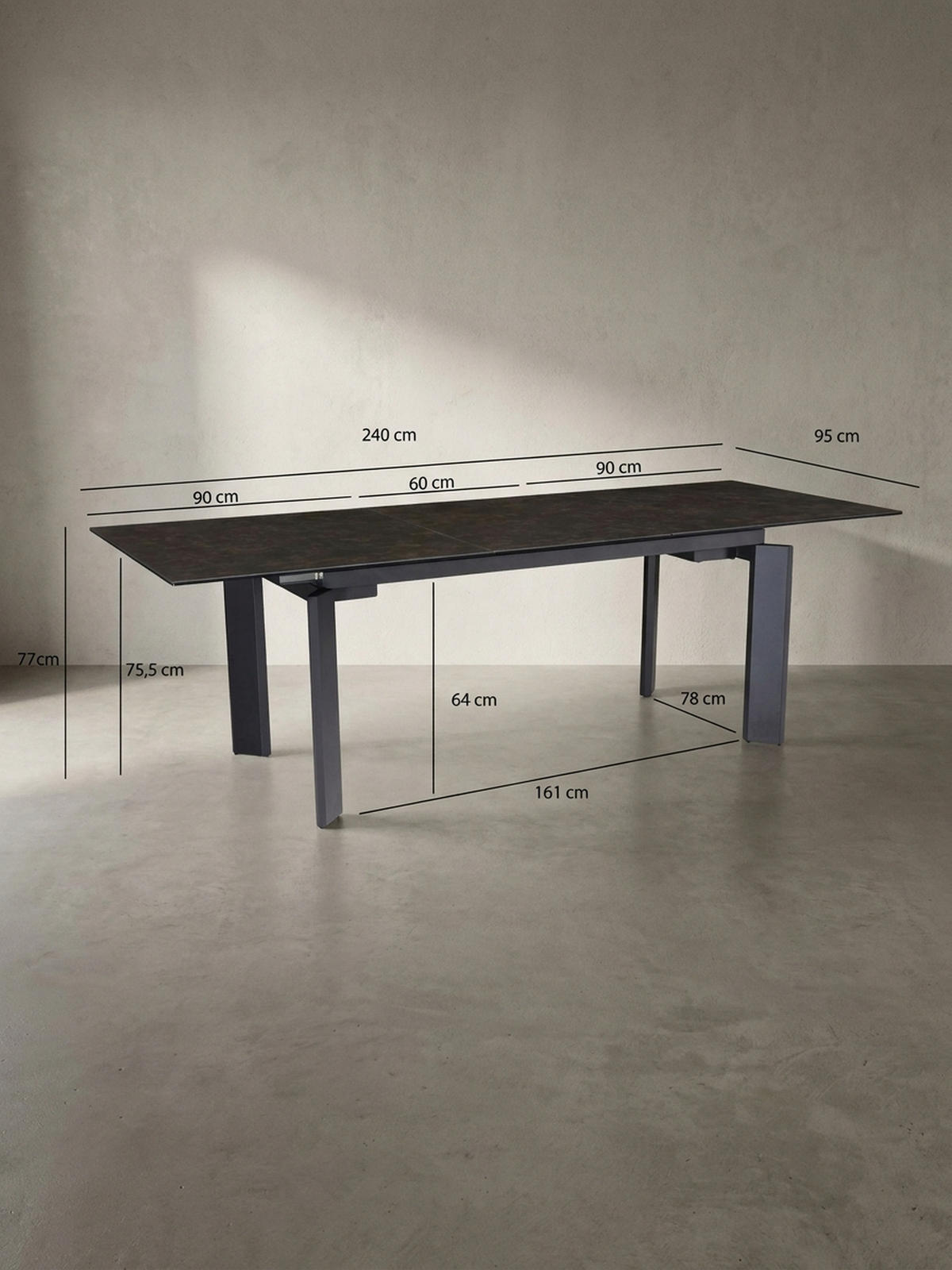 ESSTISCH Ausziehbar Keramik Glas Marmoroptik 180-240 MALTA, Schwarz 180x95x77 cm - Schwarz, Glas/Metall (95/180/77cm) - KADIMA DESIGN