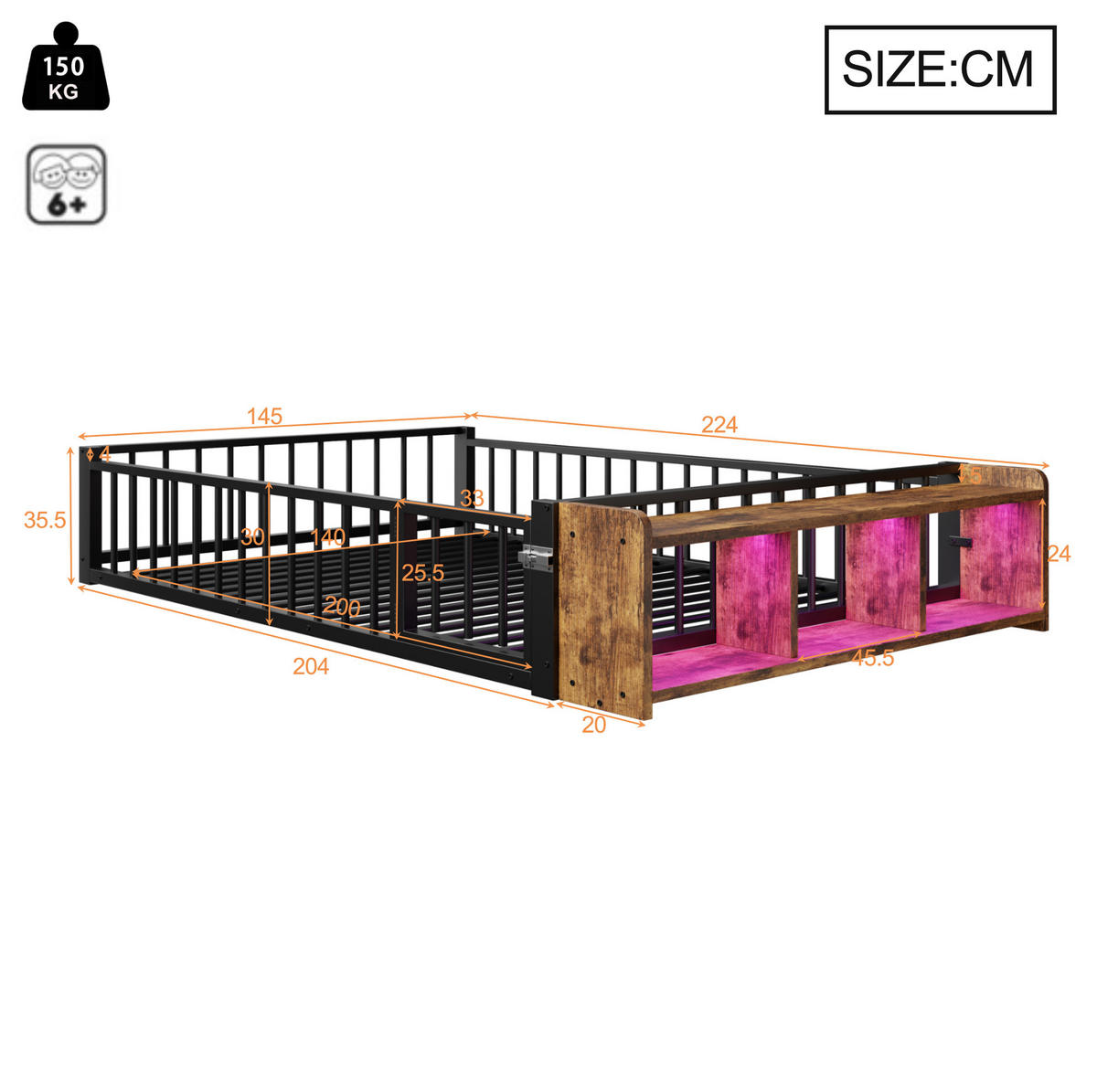 FLACHBETT 140/200 cm Schwarz mit Schutzgeländer, LED-Leisten, ohne Matratze - Schwarz, Metall (140/200cm) - MIVRAY