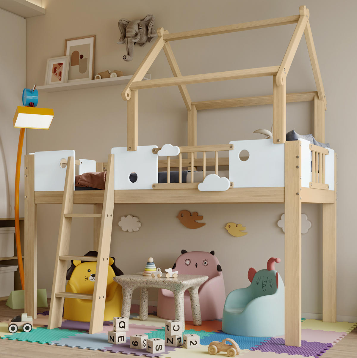 HAUSBETT 90/200 cm Weiß/Natur aus Kiefer, MDF und Sperrholz mit Dachdesign - Naturfarben, Holzwerkstoff (90/200cm) - OKMYHOME