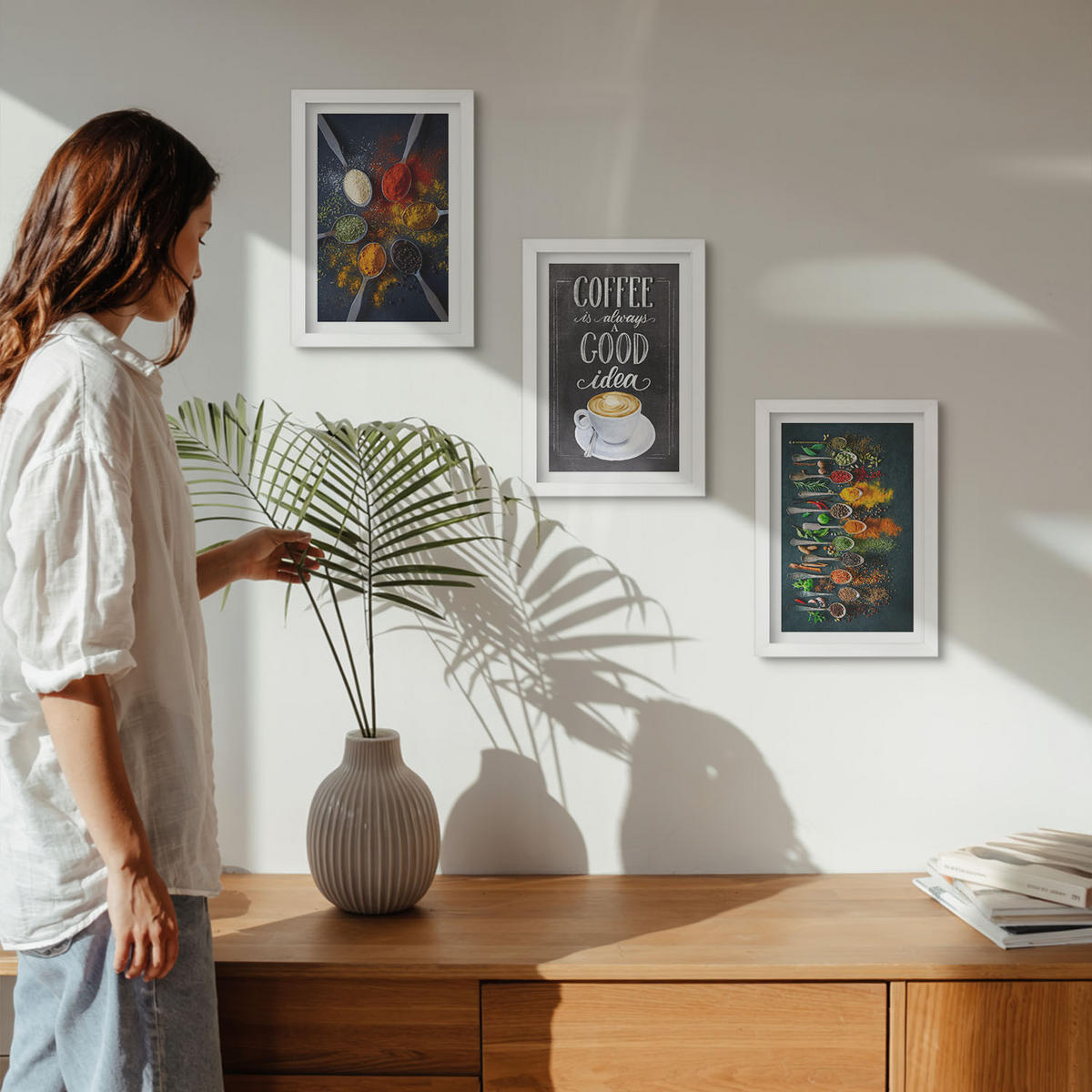 WANDBILDER 3er-Set - 20x30 cm Weißer Rahmen - Gewürze, Kaffee, Kräuter, Muster - Weiß, Kunststoff (20/30cm) - ArtPrintCave