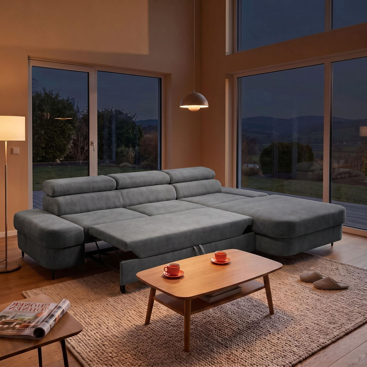 ECKSOFA JAZZ L Rechts mit Schlaffunktion 127x216 Velours Grau - Schwarz/Grau, Holz/Textil (237/285cm) - Muffo