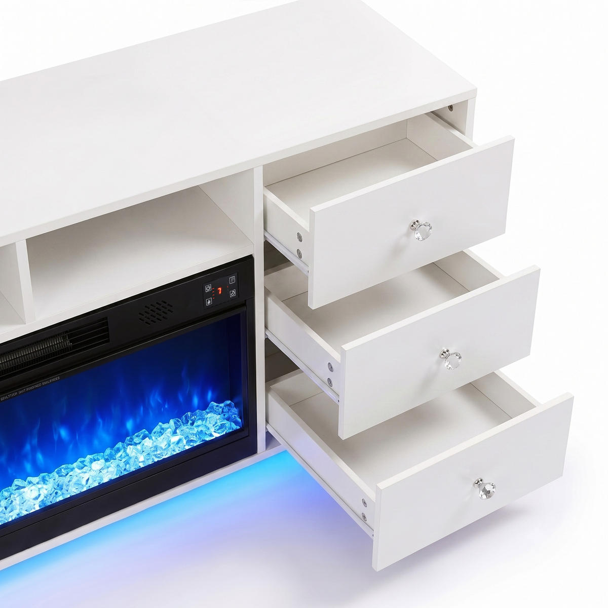 TV-SCHRANK mit Elektrokamin Beleuchtung RGB Lowboard 6 Schubladen 180/40/65CM - Weiß/Grau, Glas/Metall (180/65/40cm) - VANITII