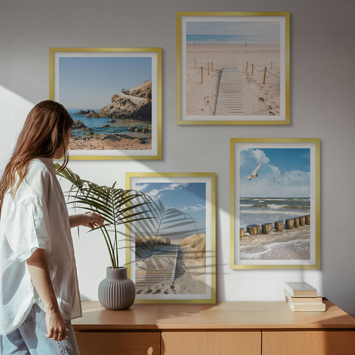 WANDBILDER 4er Set - 50x50 cm & 40x60 cm Goldrahmen - Strand, Sand, Wellen, Himmel, Vögel - Goldfarben, Kunststoff (50/50cm) - ArtPrintCave
