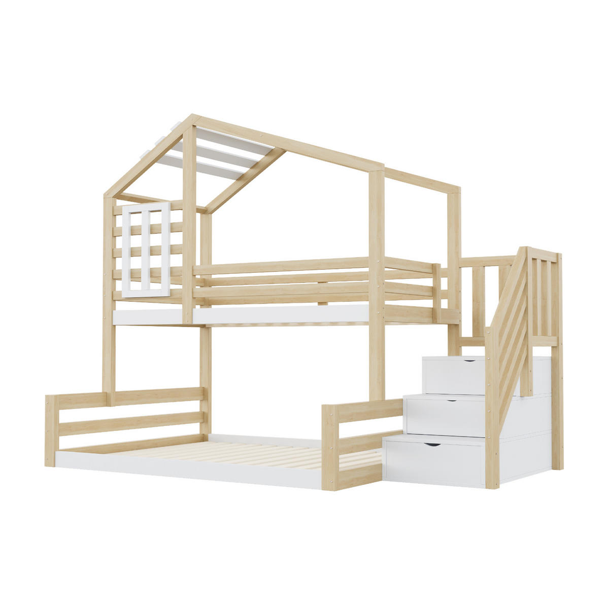 ETAGENBETT 90/200 & 140/200 cm mit Hausdesign, Fenster, Stauraumtreppe und Rundumgeländer aus Kiefer , Natur - Naturfarben, Holzwerkstoff (90/200cm) - Redom