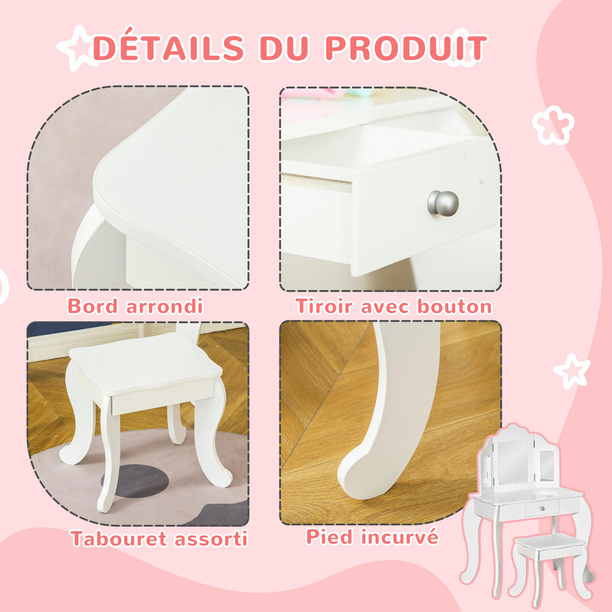 KINDERSCHMINKTISCH DE-18627 2-in-1 mit Triptychonspiegel Weiß - Weiß, Holzwerkstoff (40/85.5/63cm) - ComfortXL