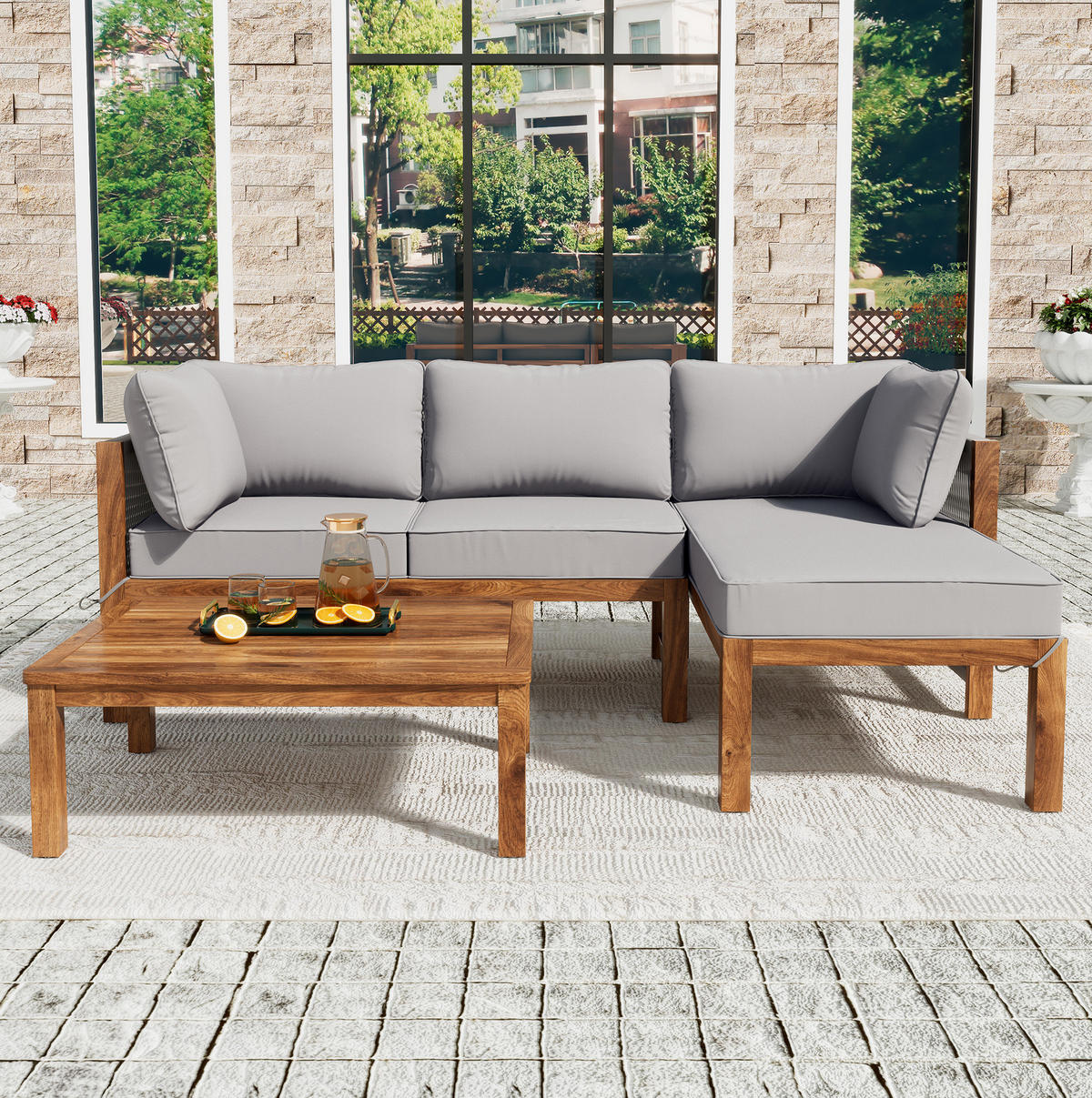 LOUNGEGARNITUR Grau aus Akazienholz 3er Set - Grau, Holz - OKMYHOME