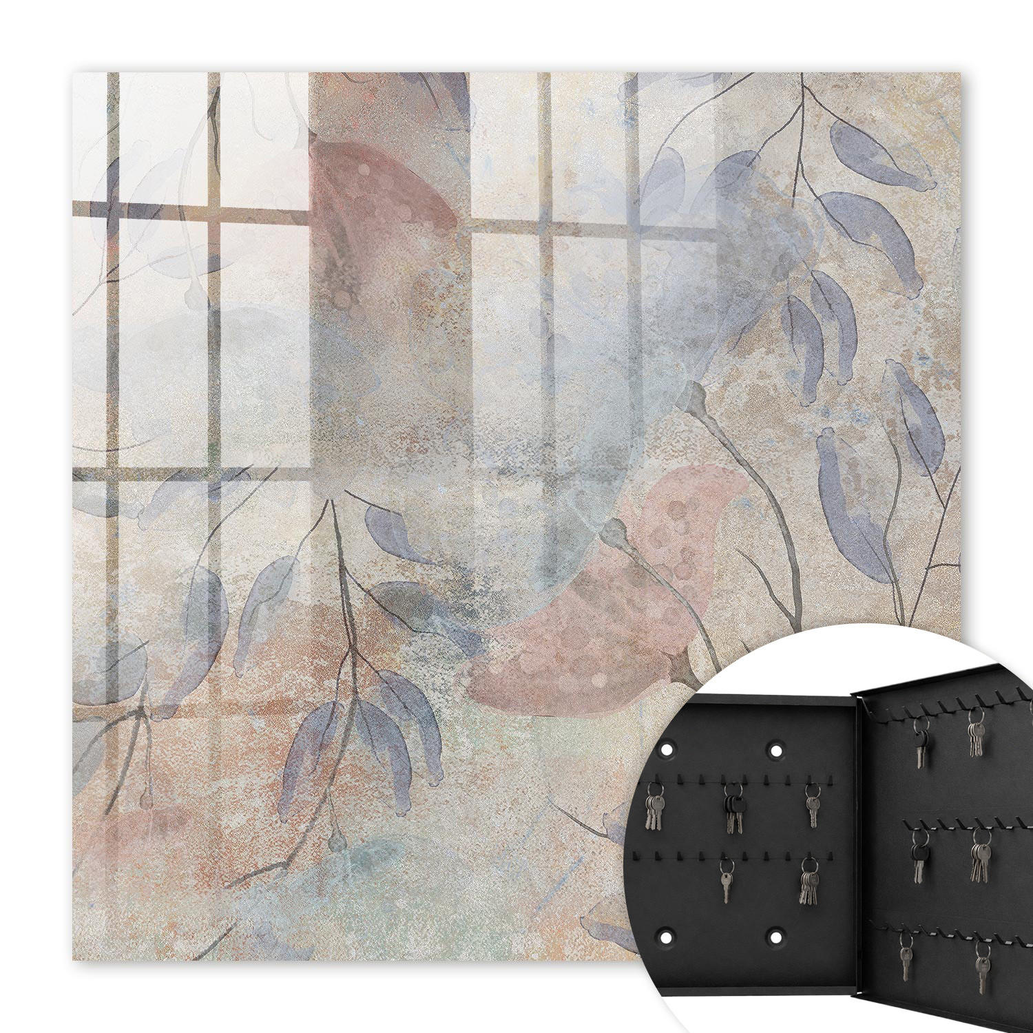 SCHLÜSSELBOX Schwarz 30x30 cm- Türöffnung nach rechts - Zarte Blätter - Beige, Metall (30/30/5cm) - TULUP