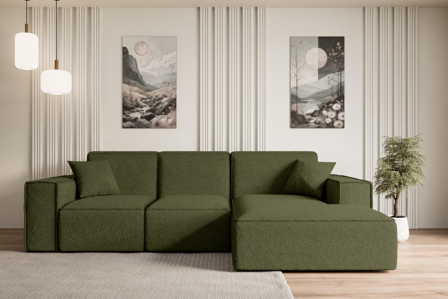 ECKSOFA Ottomane Rechts SERRA-L - 266x165x73 cm Grün Bouclé - Schwarz/Grün, Holzwerkstoff/Kunststoff (266/165cm) - ALTDECOR