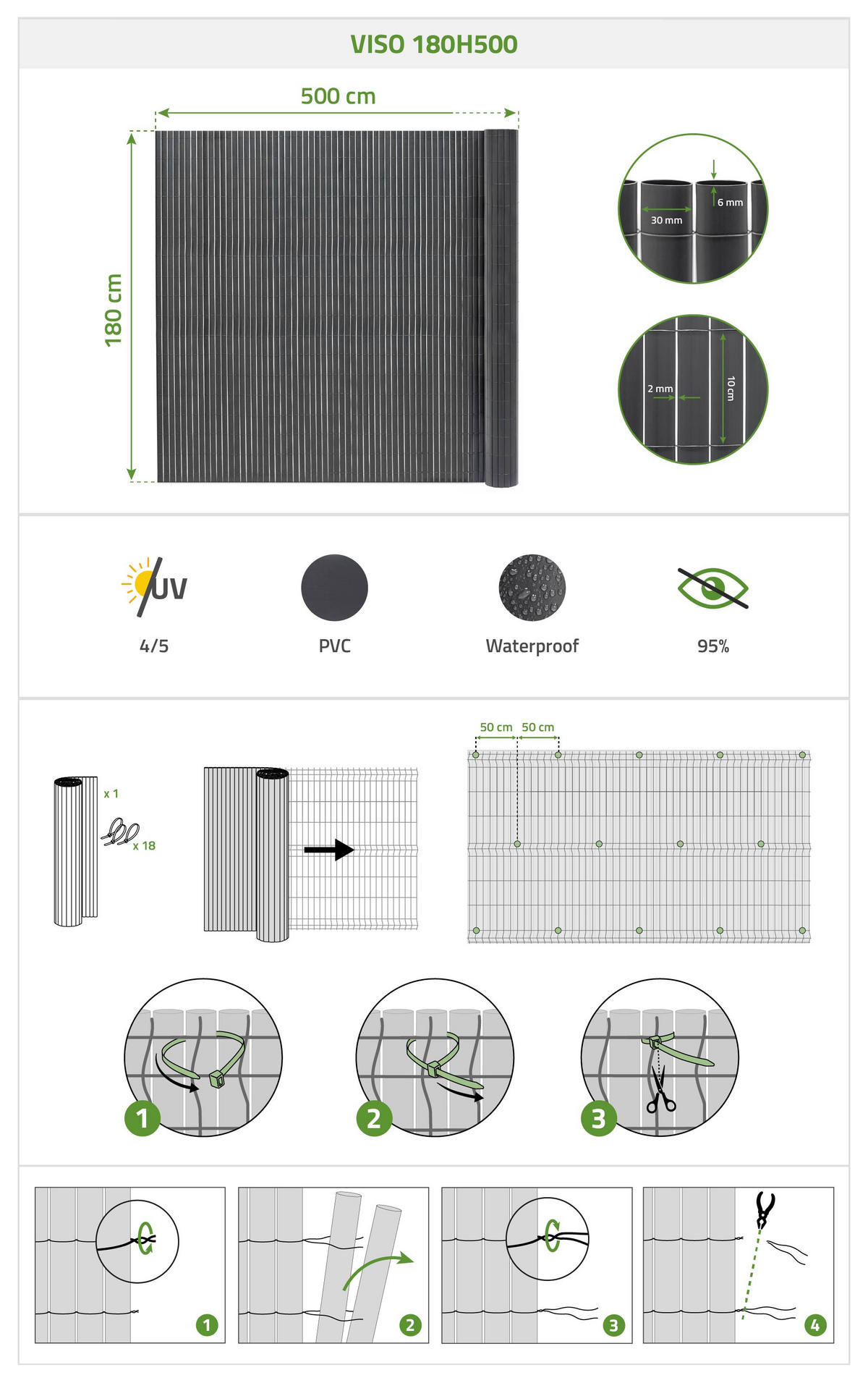 PVC Sichtschutzmatte VISO doppelseitig 5m x 1,8m Anthrazitgrau - Anthrazit, Metall (500/180cm) - Casanoov