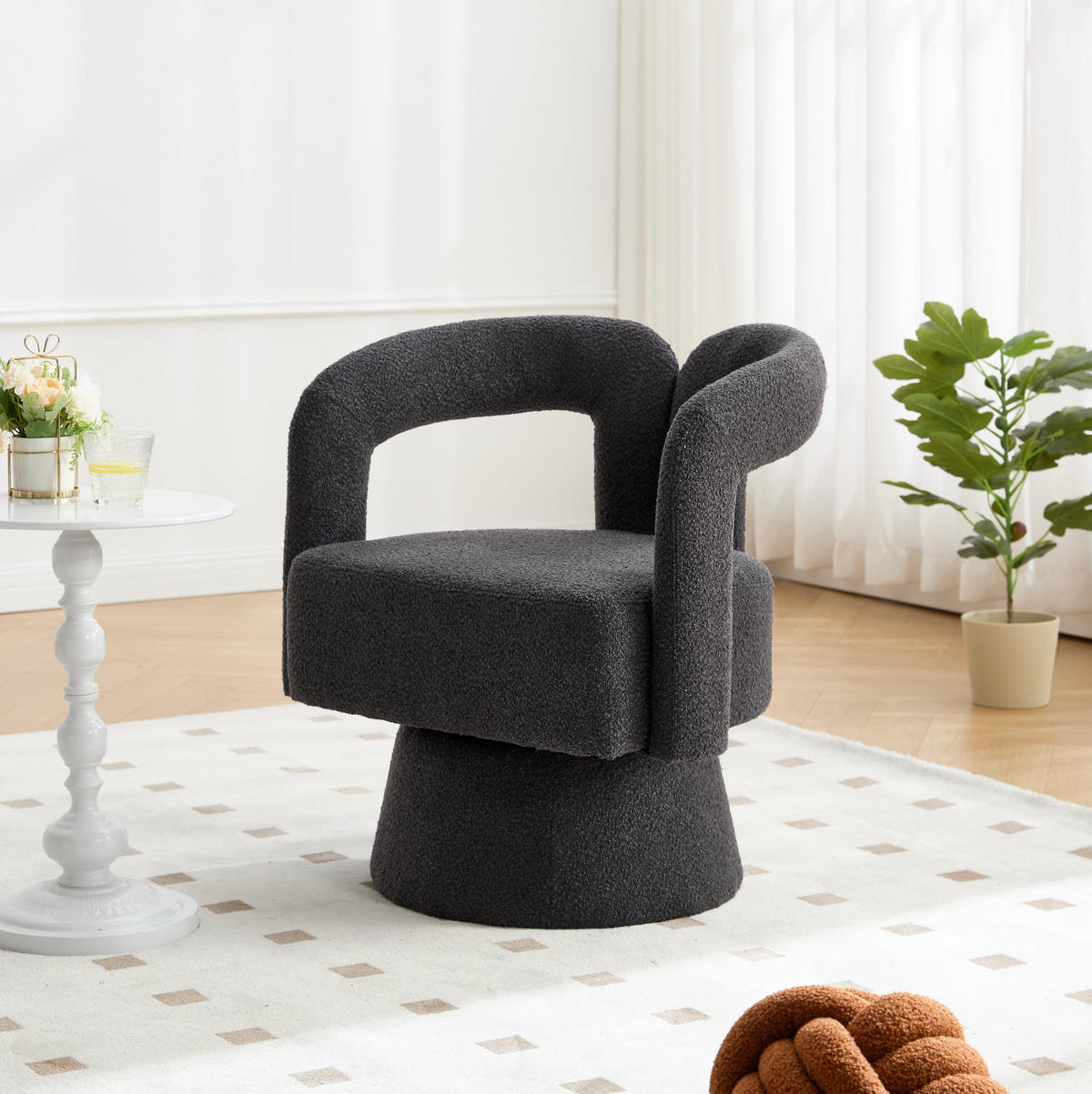 OTOČNÉ kreslo 55/67/74 cm tmavosivé z bouclé s 360° otáčaním a čalúnenými podrúčkami - tmavosivá, textil (55/74/67cm) - OKWISH