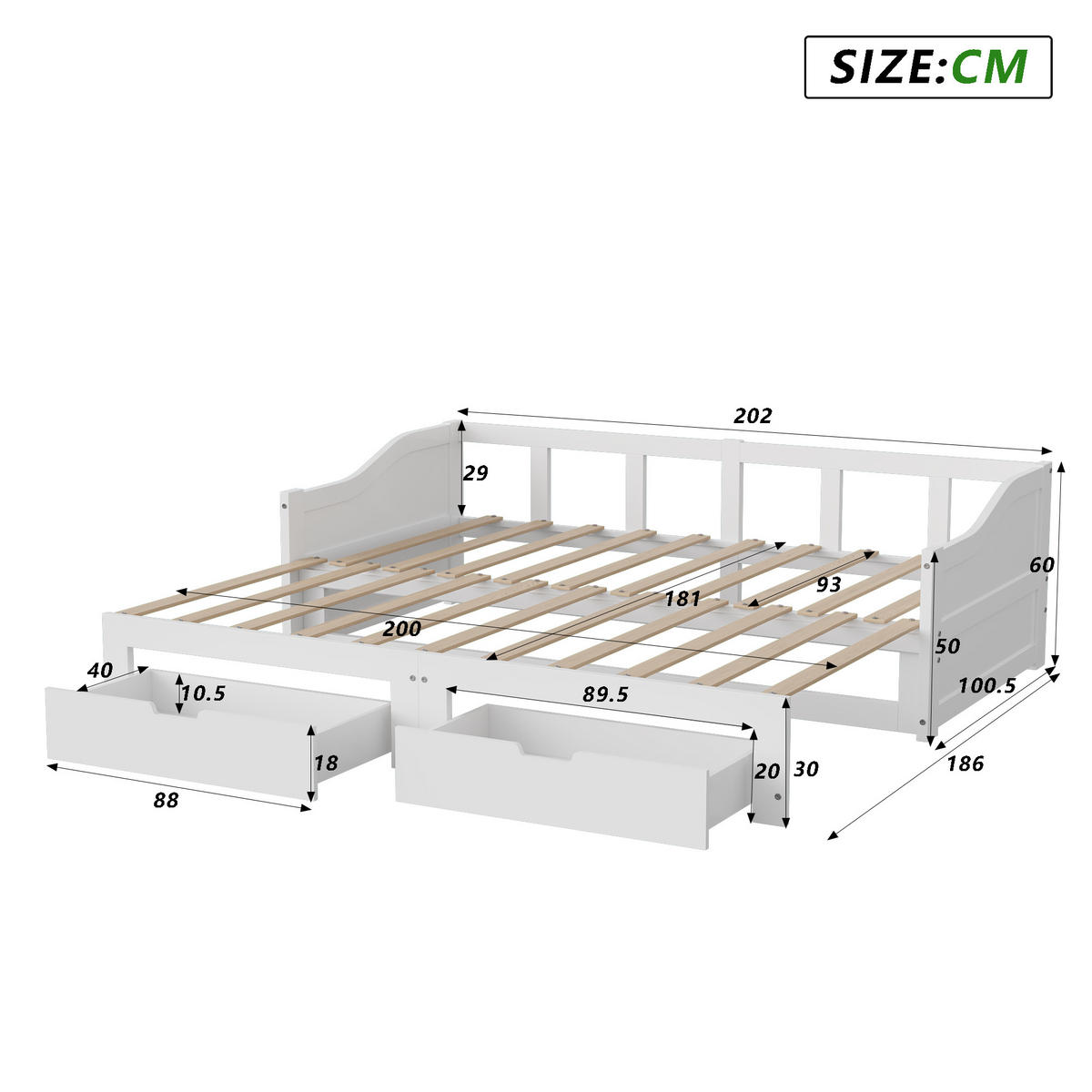 AUSZIEHBARES Schlafsofa 180x200 cm, Weiß, 2 Schubladen, mit Lattenrost - Weiß, Holz
