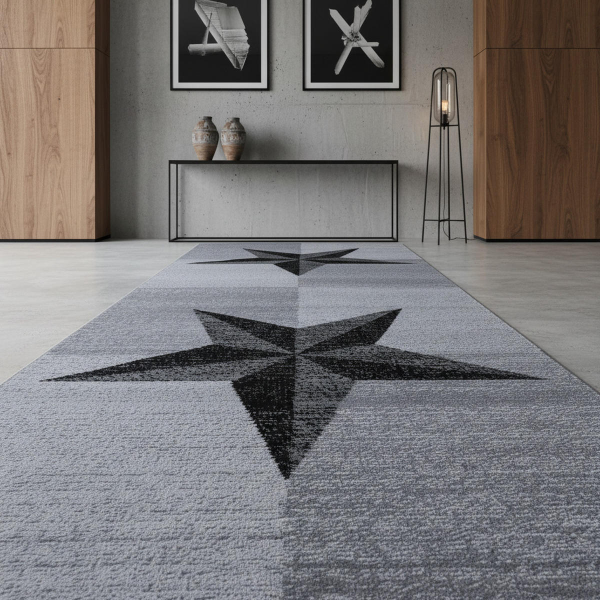 TEPPICH Kurzflor Sterne-Muster Polypropylen Wohnzimmer Grau Läufer 80x300 - Grau, Textil (80/300cm) - KADIMA DESIGN