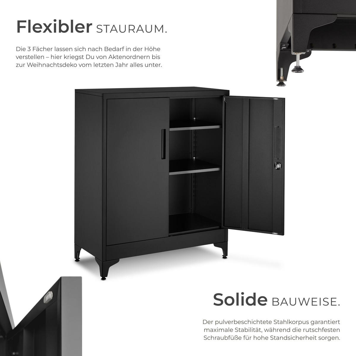 AKTENSCHRANK Blake, Kippschutz, höhenverstellbare Füße, schwarz - Schwarz, Metall (80/100/40cm) - tectake