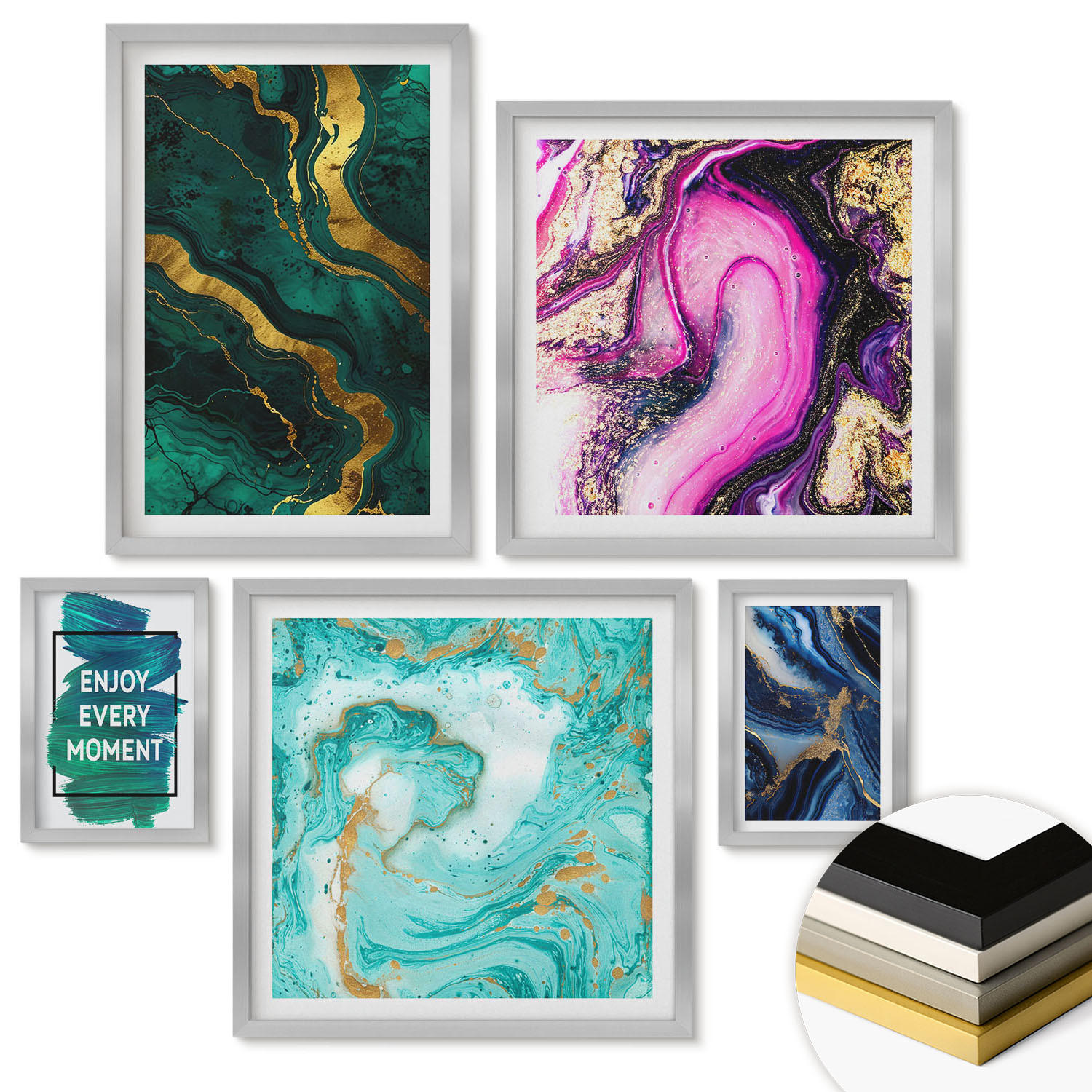 WANDBILDER 5er Set - 50x50 cm & 20x30 cm & 40x60 cm Silberner Rahmen - Abstrakte Muster in Rosa, Grün und Blau - Silberfarben, Kunststoff (40/60cm) - ArtPrintCave