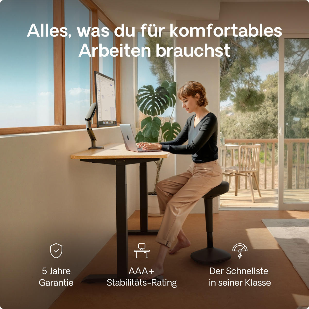 SCHREIBTISCH Elektrisch Höhenverstellbarer HomeOne 140x70cm Schwarz/Bambus mit Memory-Funktion, Anti-Kollisions Technologie - Hellgelb/Schwarz, Holz (70/140/72cm) - Desktronic