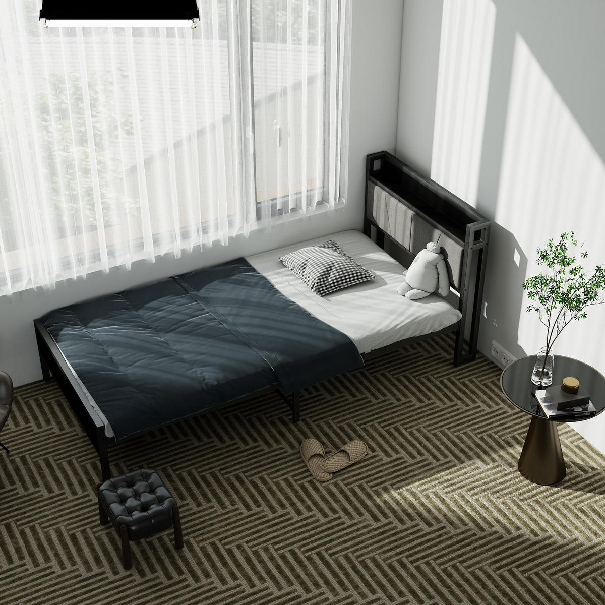 METALLBETT 90/200 cm Schwarz mit Stauraum-Kopfteil mit 2 USB-Ladeanschlüssen - Schwarz, Metall (90/200cm) - OKWISH