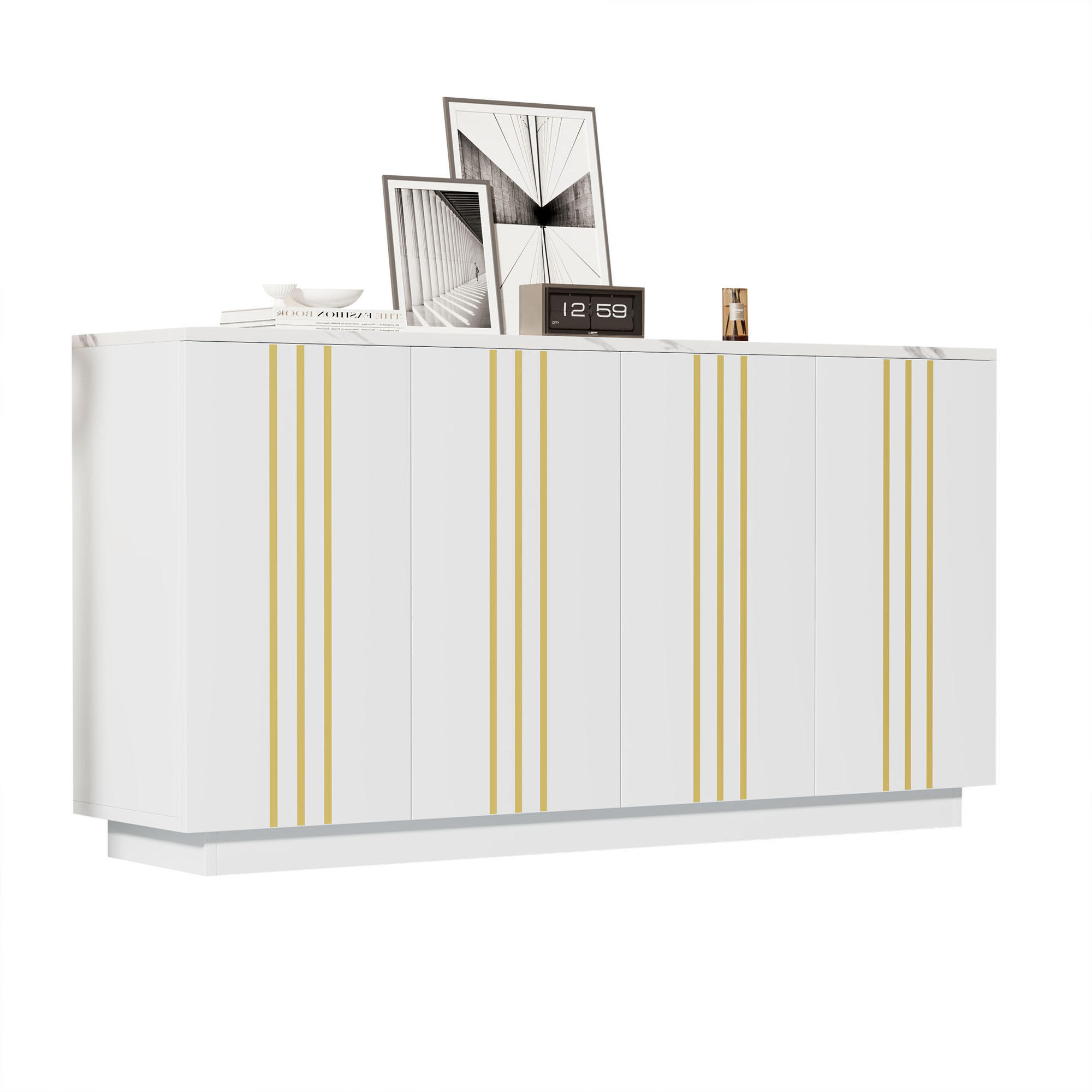 SIDEBOARD Weiß-gold mit vier Schranktüren und verstellbaren Einlegeböden 35 × 140 × 70 cm aus Spanplatte - Weiß, Holzwerkstoff (140/70/35cm) - Luhomfu