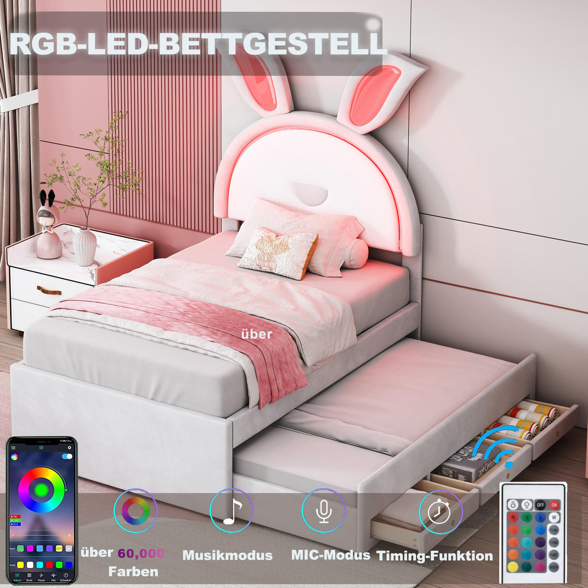 KINDERBETT 90x200 Samtstoff LED Ausziehbar Stauraum Beige - Beige, Holzwerkstoff - FLIEKS