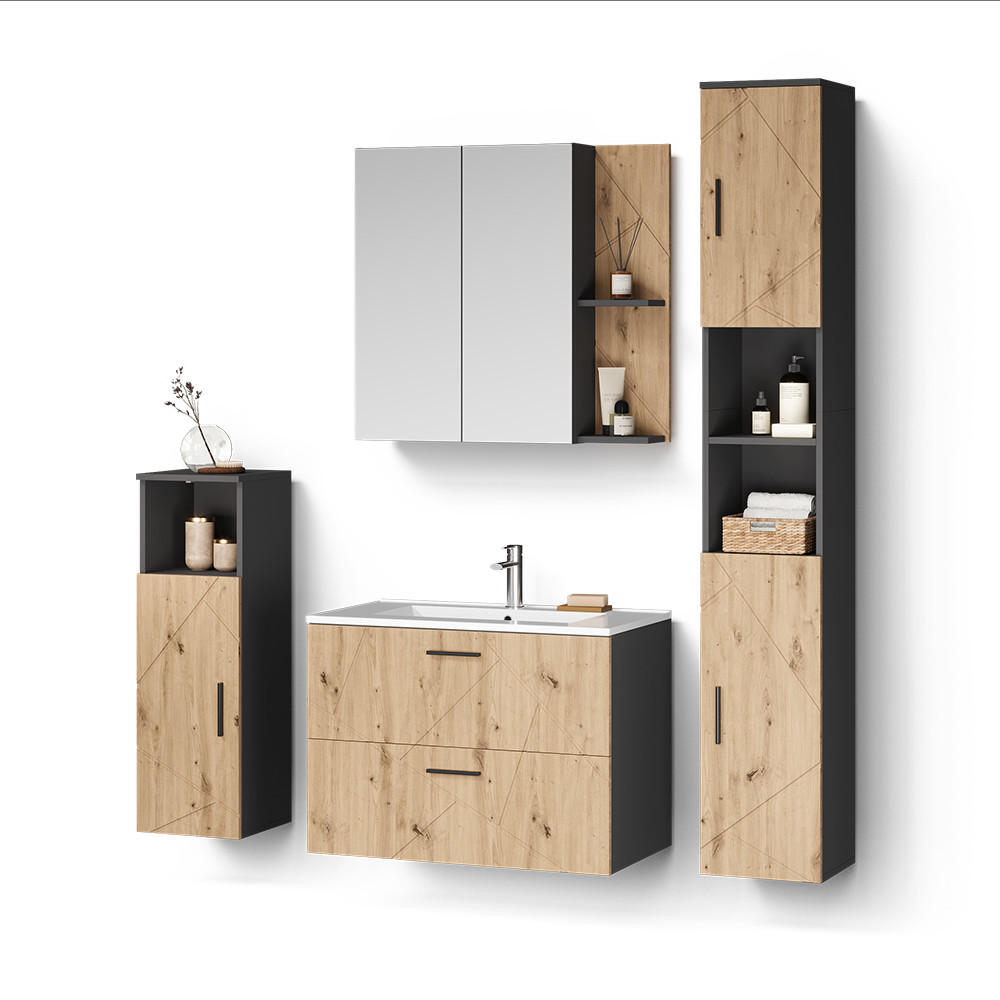 BADMÖBEL-SET Ronco, Anthrazit/Artisan-Eiche, 5-teilig - Anthrazit/Eiche Artisan, Holzwerkstoff (80/57/44.6cm) - Livinity®