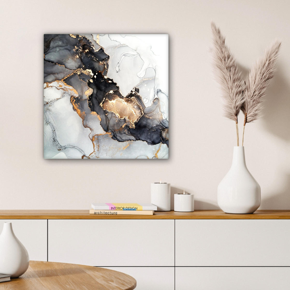 LEINWANDBILD Marmor - Schwarz - Weiß - Gold - Luxus - Abstrakt Wandbild Wohnzimmer 50x50 cm - Goldfarben, Textil (50/50cm) - MuchoWow