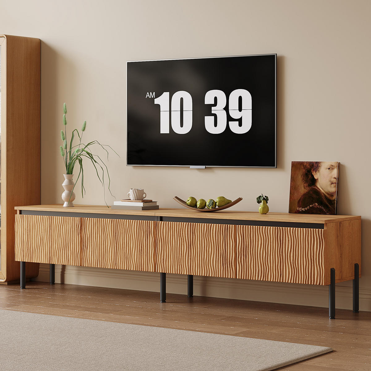 TV STOLEK v přírodní barvě se 4 dvířky a otvorem pro kabely do obýváku, 180×35×43 cm - přírodní/černá, kov/kompozitní dřevo (180/43/35cm) - STILVORA