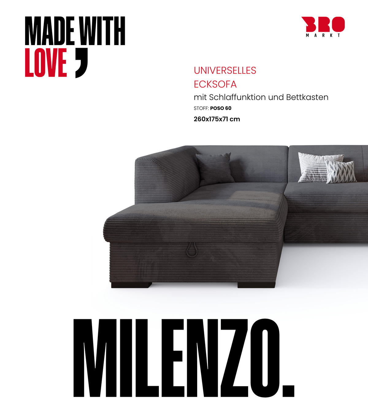 ECKSOFA mit Schlaffunktion Cordstoff MILENZO Grau Links - Grau, Holz (260/175cm) - Bromarkt