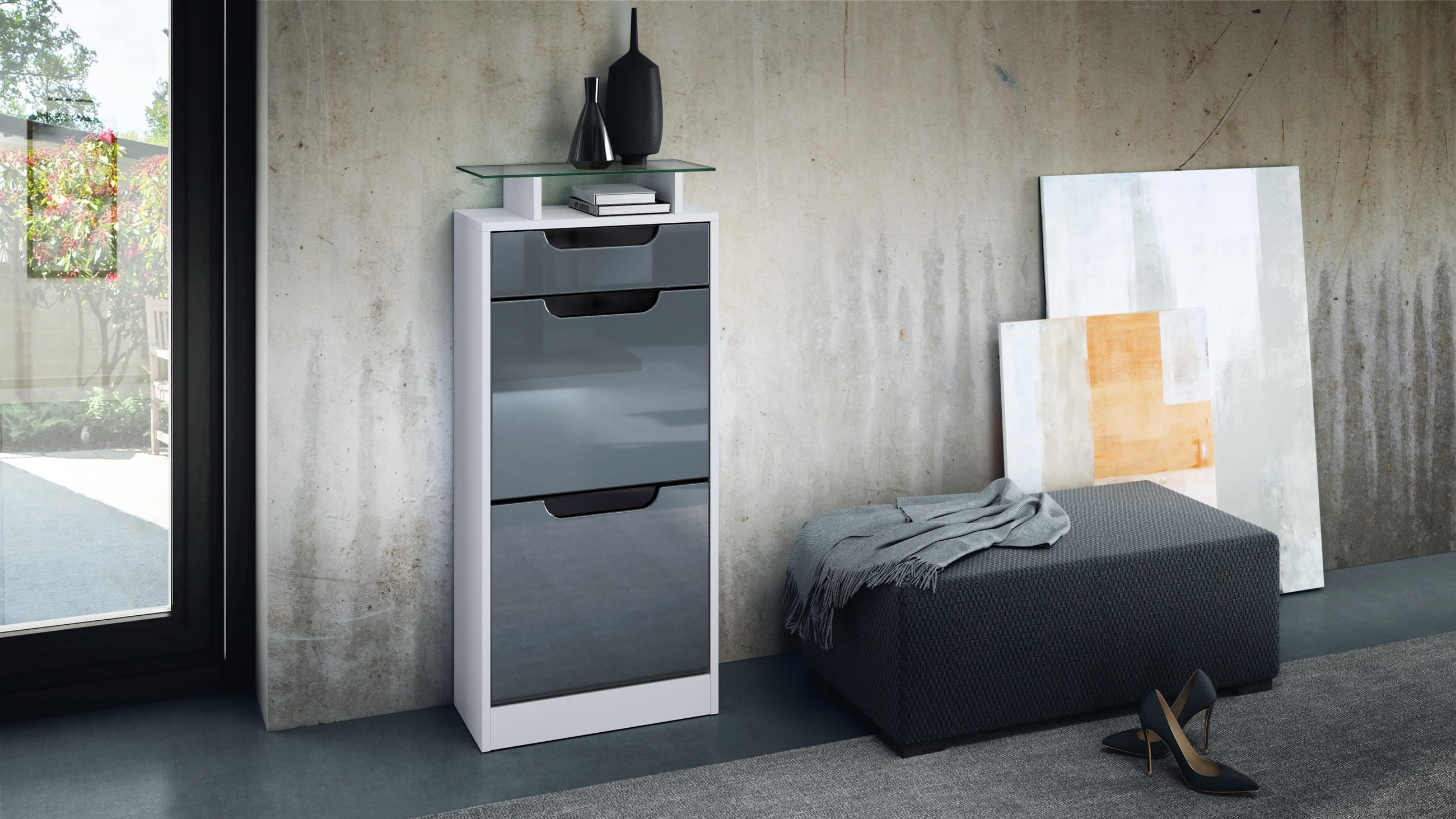 Thumbnail - Vladon Schuhschrank, Grau, Holzwerkstoff, 46x104x23 cm, Garderobe, Schuhaufbewahrung, Schuhschränke