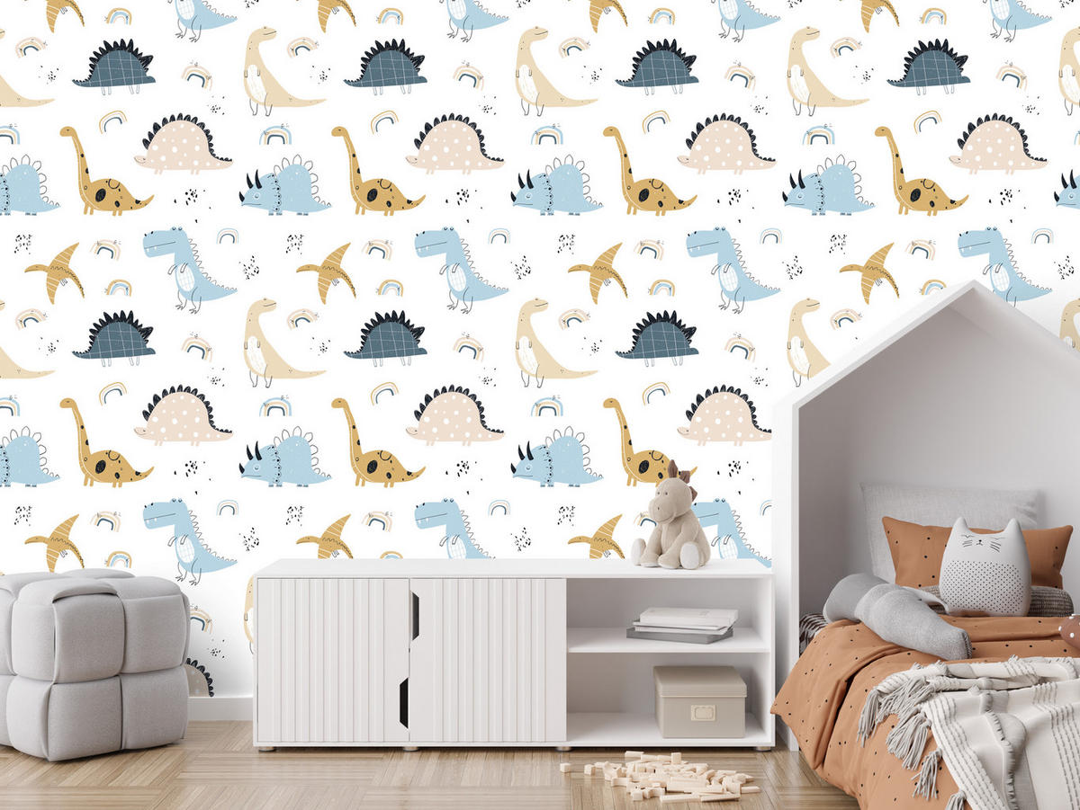 VLIESTAPETE Pastell-Dinosaurier – Blau, Beige, Weiß – 50x1000 cm - Blau/Beige, Papier (50/1000cm) - Muralo