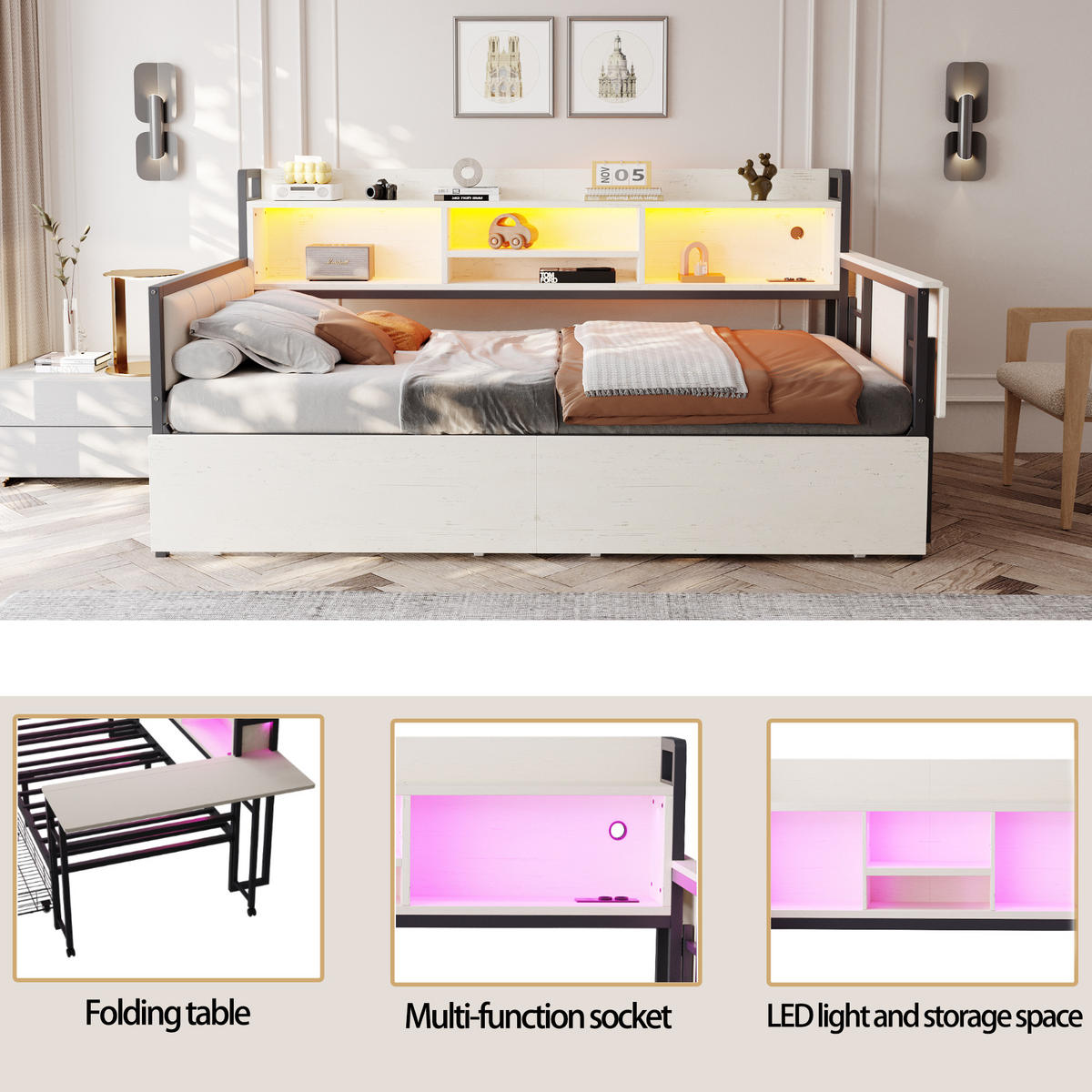 ČALOUNĚNÁ POSTEL 90x200cm LED Zásuvky Úložná Bílá - bílá, kov (90/200cm) - FLIEKS