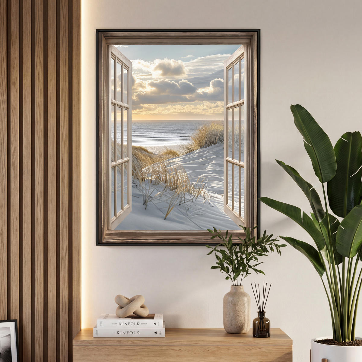 LEINWAND Bilder mit Rahmen - Ausblick - Strand - Dünen - Meer - Natur - 70x100 - Sandfarben, Textil (70/100cm) - MuchoWow