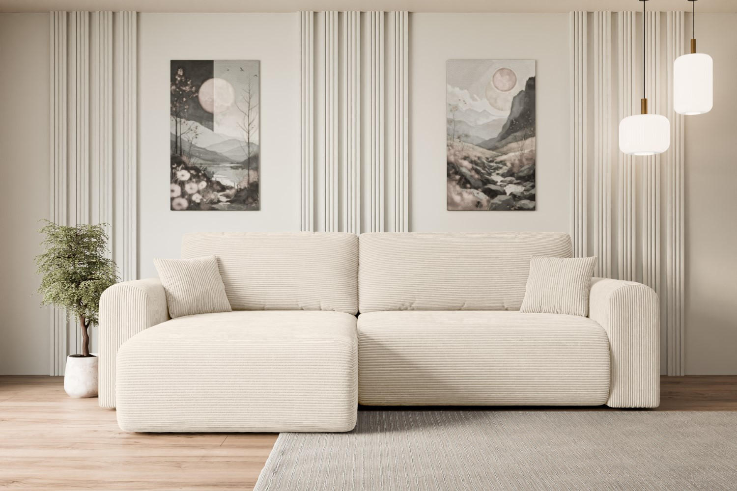 ECKSOFA mit Schlaffunktion und Bettkasten ORRO-L - 272x145x83 cm Beige Cord - Beige/Schwarz, Holzwerkstoff/Kunststoff (272/145cm) - ALTDECOR