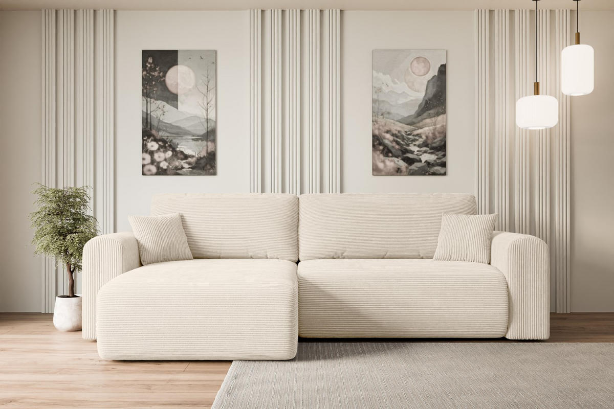 ECKSOFA mit Schlaffunktion und Bettkasten ORRO-L - 272x145x83 cm Beige Cord - Beige/Schwarz, Holzwerkstoff/Kunststoff (272/145cm) - ALTDECOR