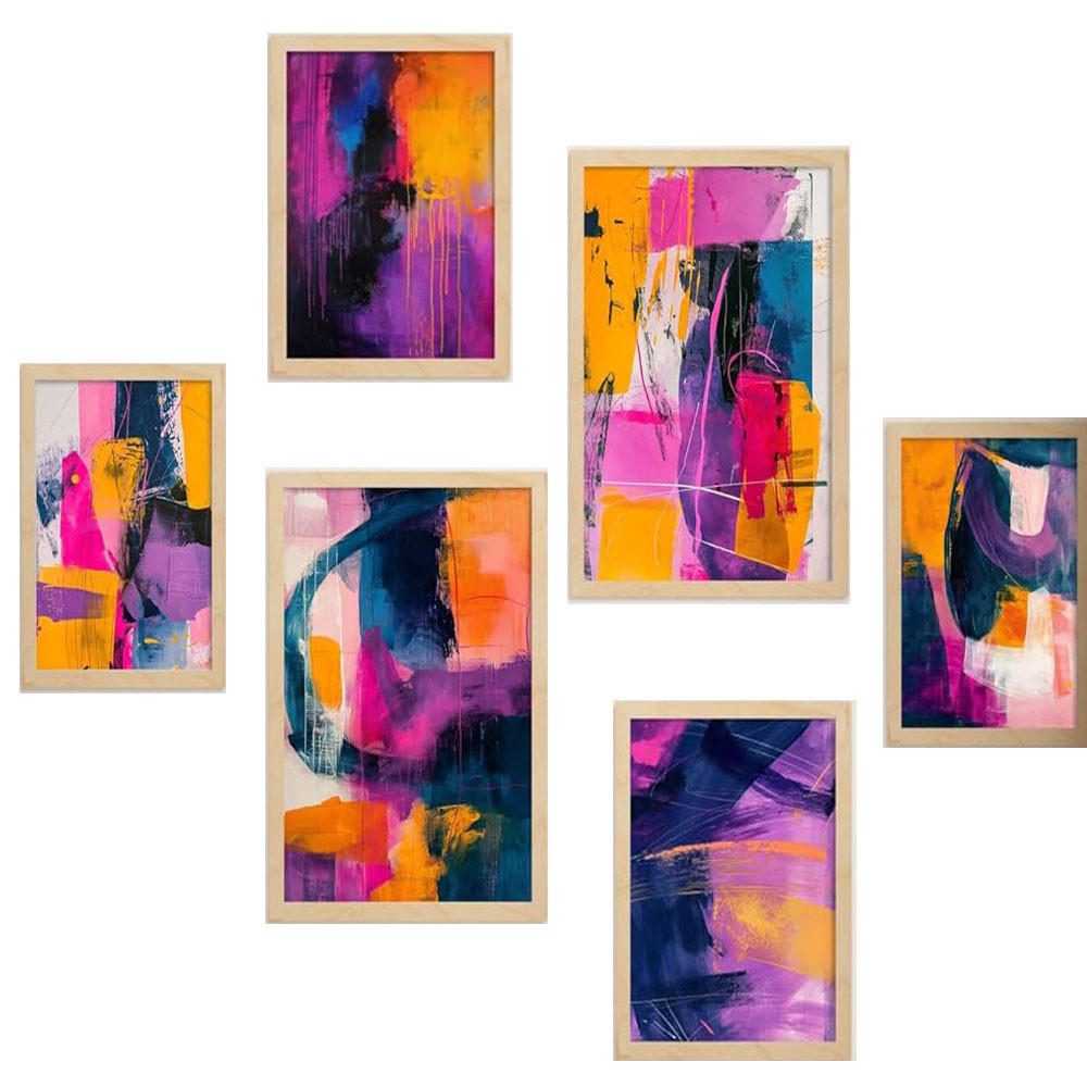 POSTER Set Mit 6 Forme Astratte Di Colore Blu Fucsia Puro A3 & A4 Rahmen Aus Hellem Holz - Beige, Papier (29/3/42cm) - Nacnic