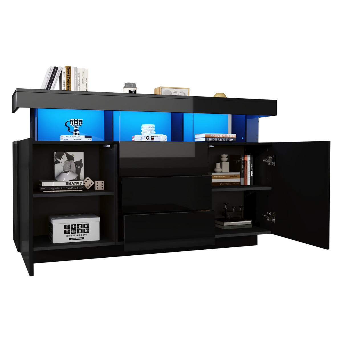 SIDEBOARD schwarz aus Spanplatte mit Hochglanzfront, Acryl und LED-Beleuchtung 140 × 35 × 80 cm - Schwarz, Holzwerkstoff (140/80/35cm) - Luhomfu