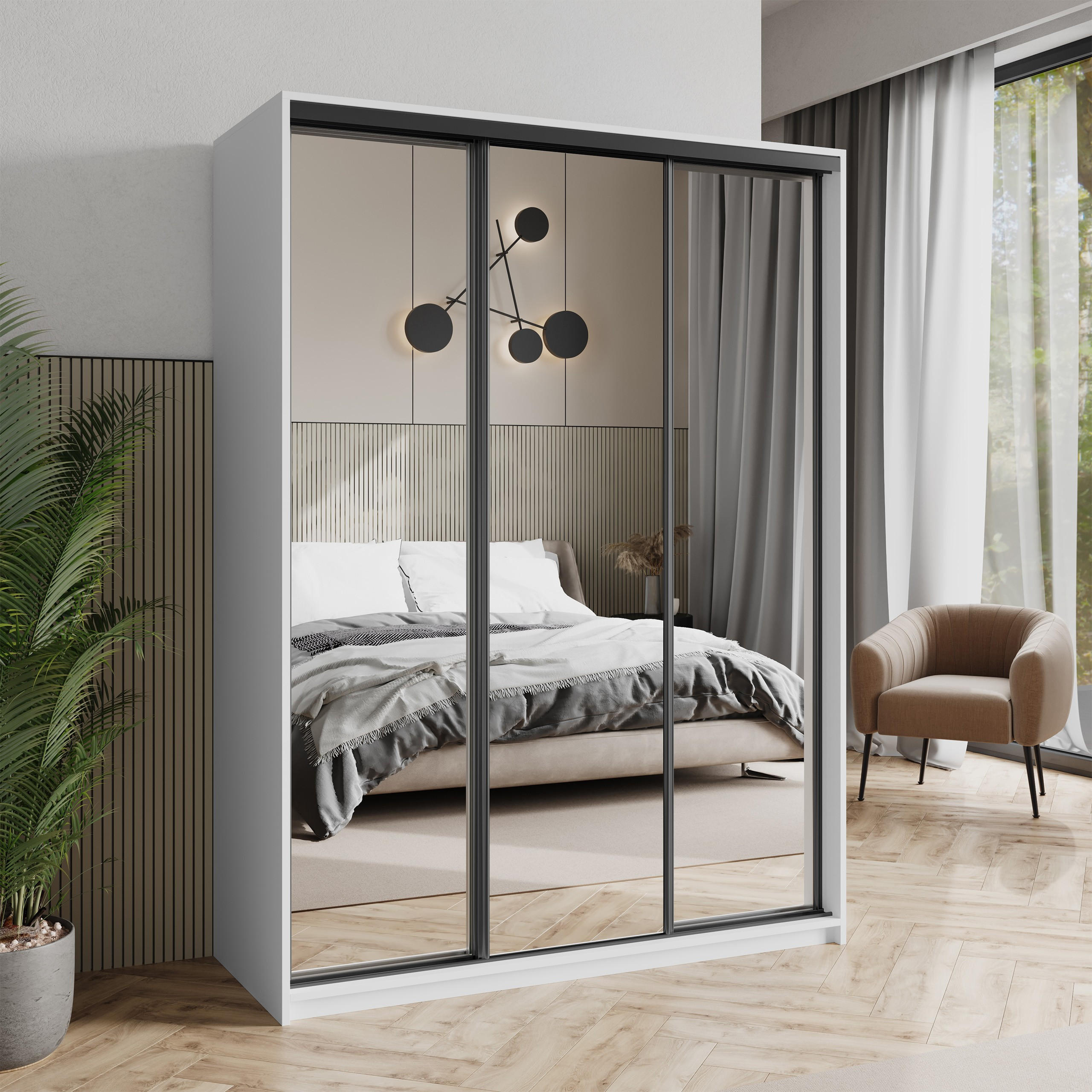 SCHWEBETÜRENSCHRANK RIEN 150/205/60 cm 3-türig mit Spiegel Weiß - Weiß, Holzwerkstoff (150/205/60cm) - MASSENO