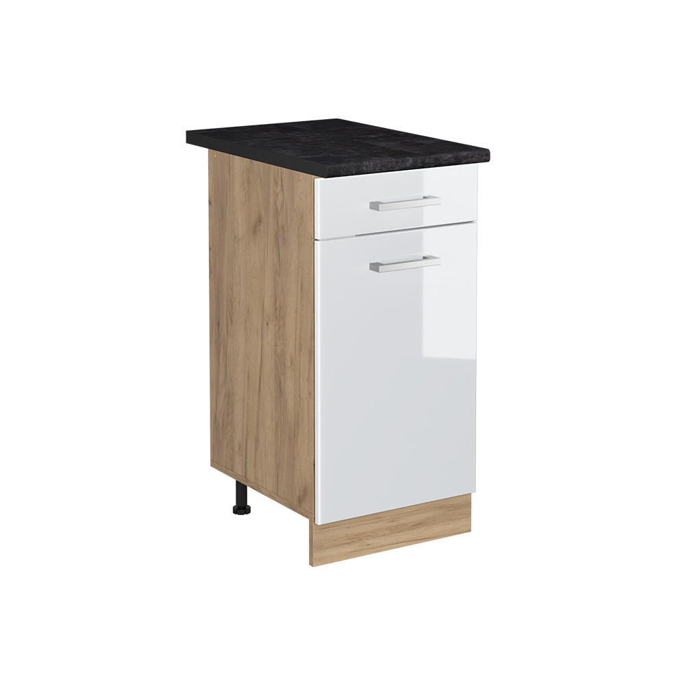 KÖKSUNDERSKÅP R-Line, Vit högblank/Goldkraft ek, 40 cm antracitas stalviršis Vit högglans, Honungsek 81.6/40/60 cm