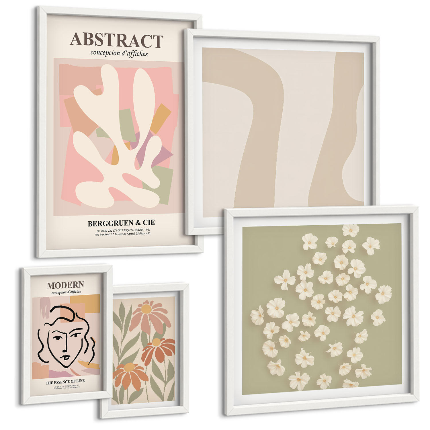 BILDER SET 5er Set - 50x50 cm & 20x30 cm & 40x60 cm Weißer Rahmen - Moderne abstrakte Frau - Weiß, Kunststoff (40/60cm) - TULUP