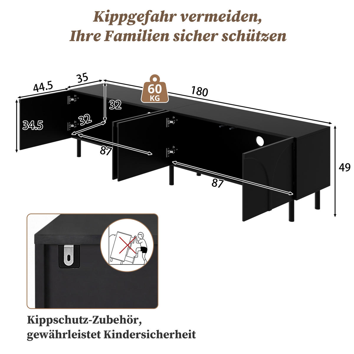 TV-SCHRANK Lowboard 4 Türen Metallfüße modern Stauraum - Schwarz, Holzwerkstoff (35/49/180cm) - FLIEKS