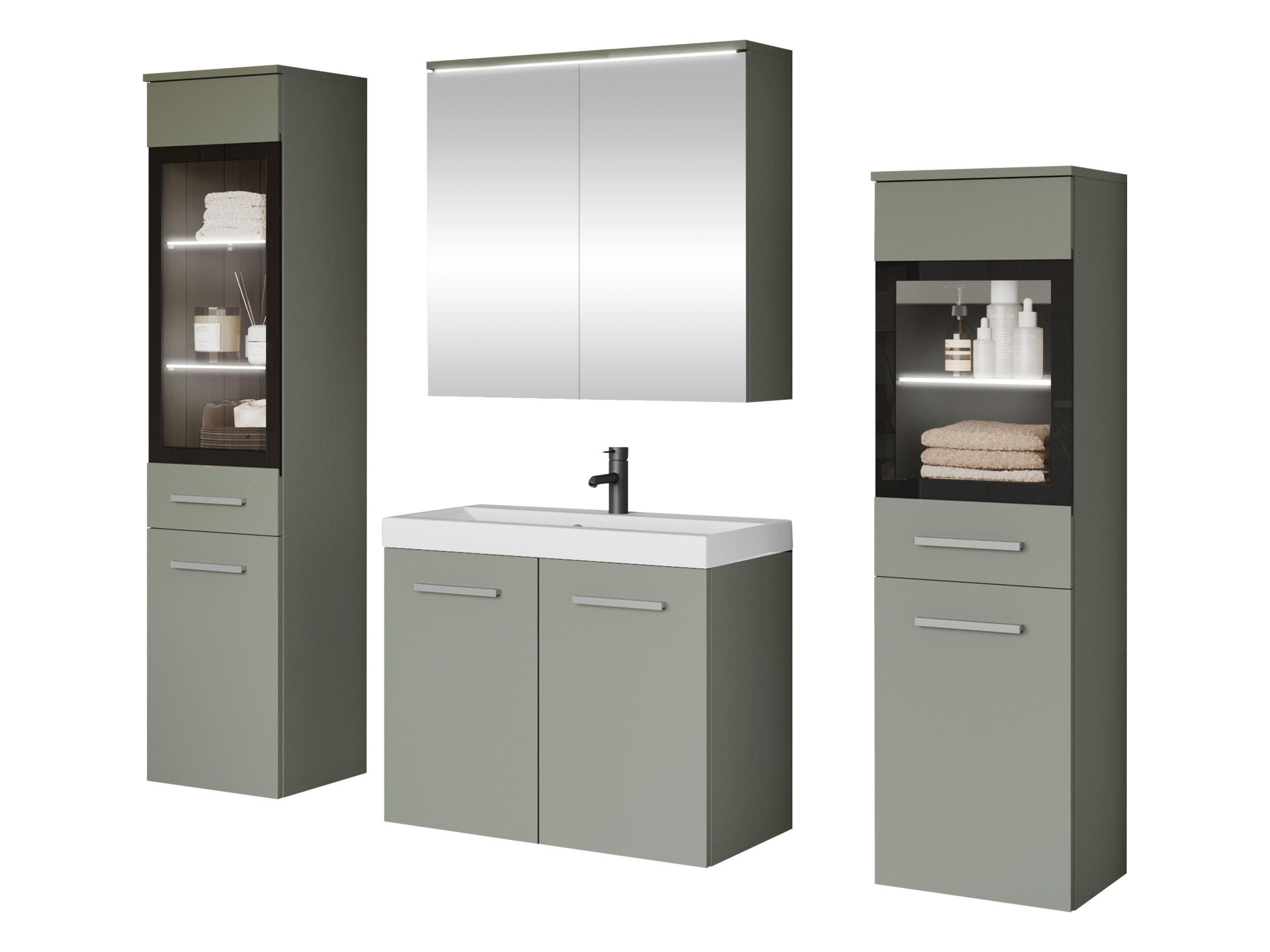 BADMÖBEL-SET Madrit II mit weißer LED Beleuchtung - Silberfarben/Mintgrün, Holzwerkstoff/Kunststoff (132/132/30cm) - MIRJAN24