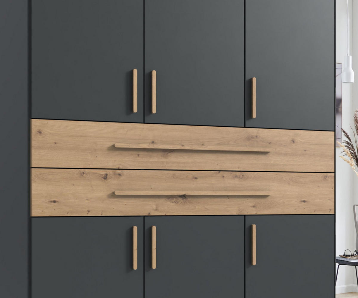 SKŘÍŇ S OTOČNÝMI DVEŘMI B225/H208/T58 cm v barvě grafit, šatní skříň se 2 zrcadlovými dveřmi, 2 zásuvkami a úchytkami v dekoru dub Artisan / 22637 - grafitová/dub artisan, kompozitní dřevo/plast (225/208/58cm) - luma-home
