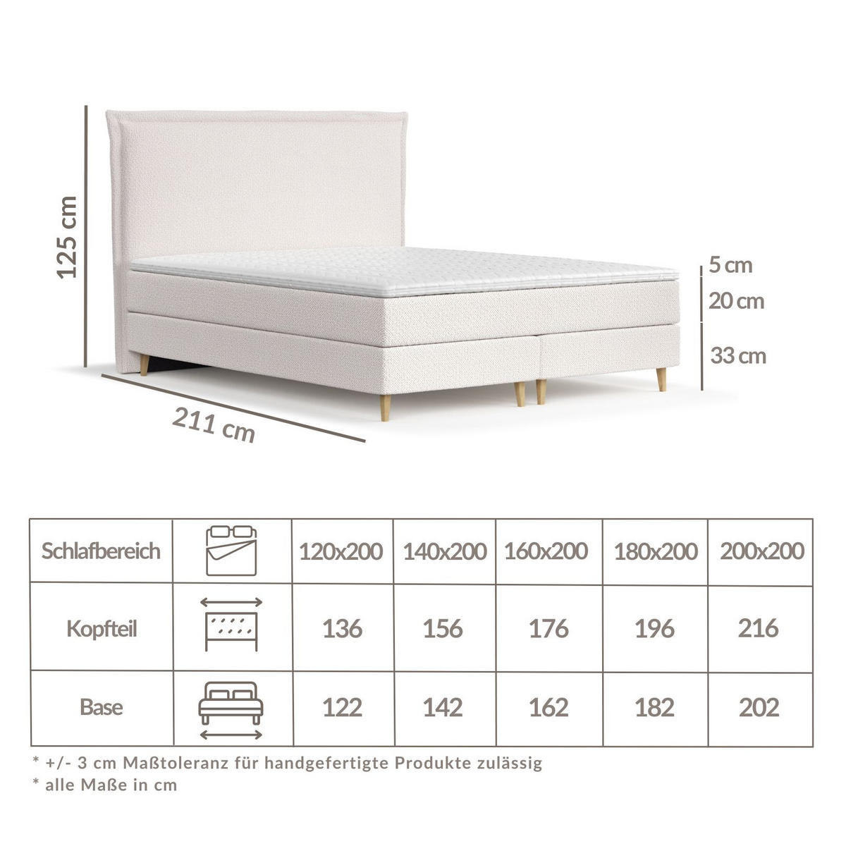 KONTINENTALBETT Calma Creme 120/200 cm mit Matratze und Topper - Creme/Naturfarben, Holz/Holzwerkstoff (120/200cm) - Maison de Reve