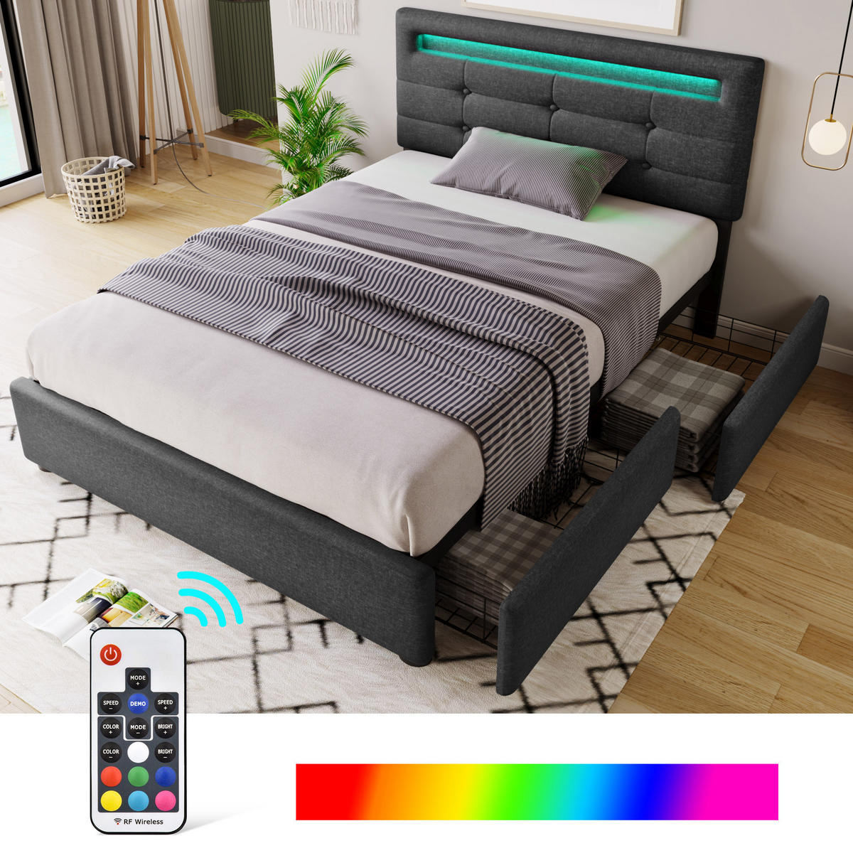 POLSTERBETT 90/200 cm Grau mit LED-Beleuchtung und höhenverstellbarem Kopfteil - Grau, Textil (90/200cm) - OKWISH