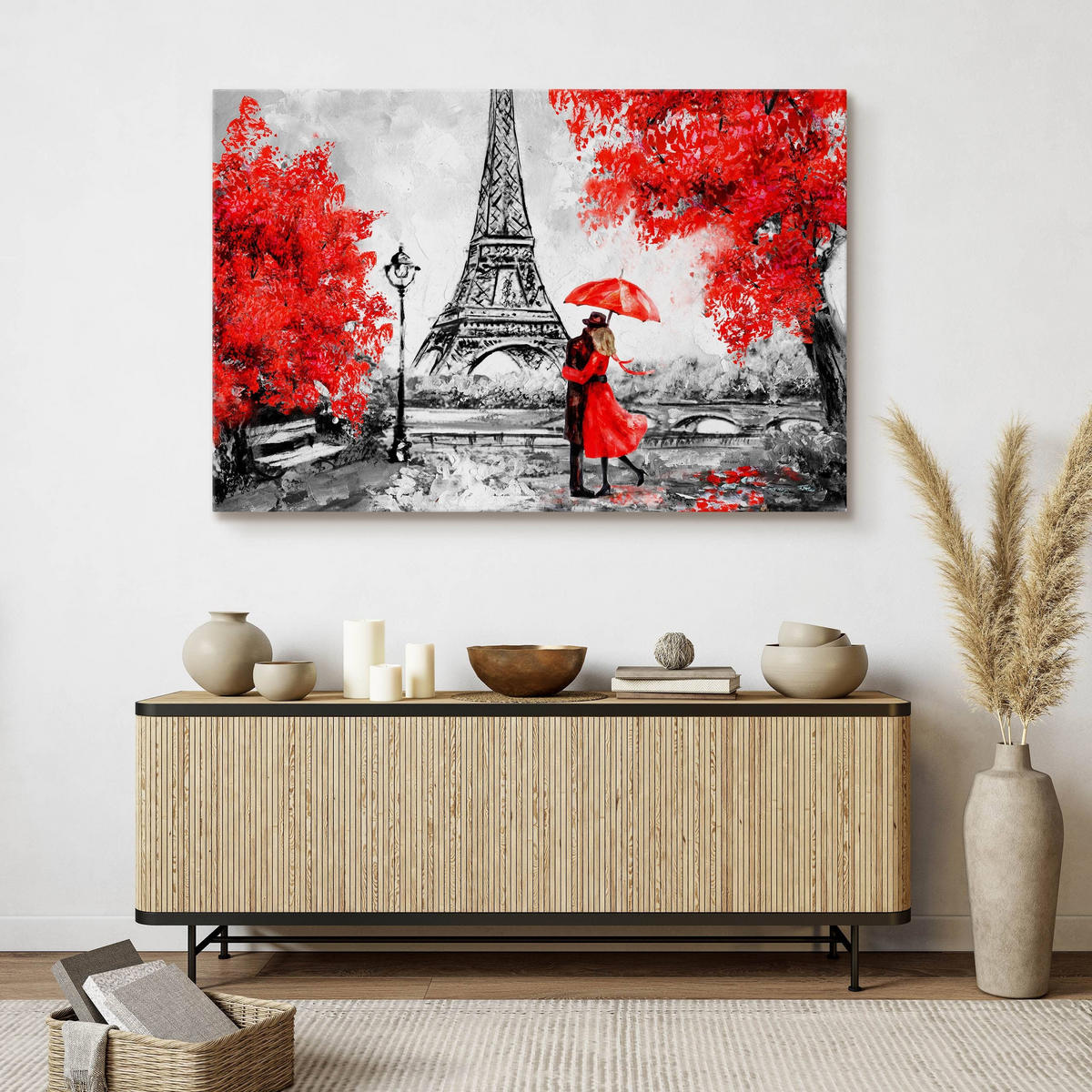 LEINWANDBILD Romantisches Paris Eiffelturm Bäume Malarei 100x70 - Rot/Schwarz, Textil (100/70cm) - Muralo
