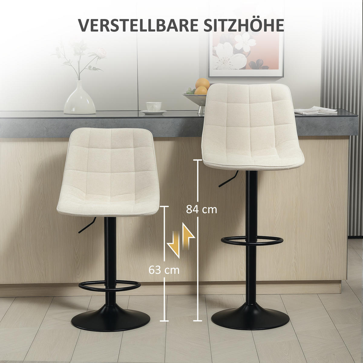 BARHOCKER 2er-Set, Gepolstert Barstuhl mit Lehne, Chenille-Optik Beige - Beige/Schwarz, Kunststoff/Textil (47/117/53cm) - HOMCOM