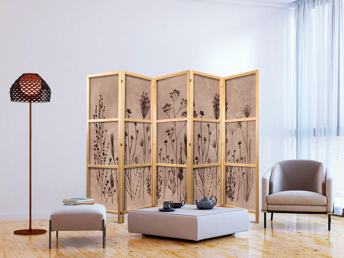 PARAVÁN Japonský 5-dielny 225x172 cm Retro Rastliny - béžová, drevo/textil (225/172/3cm) - Muralo