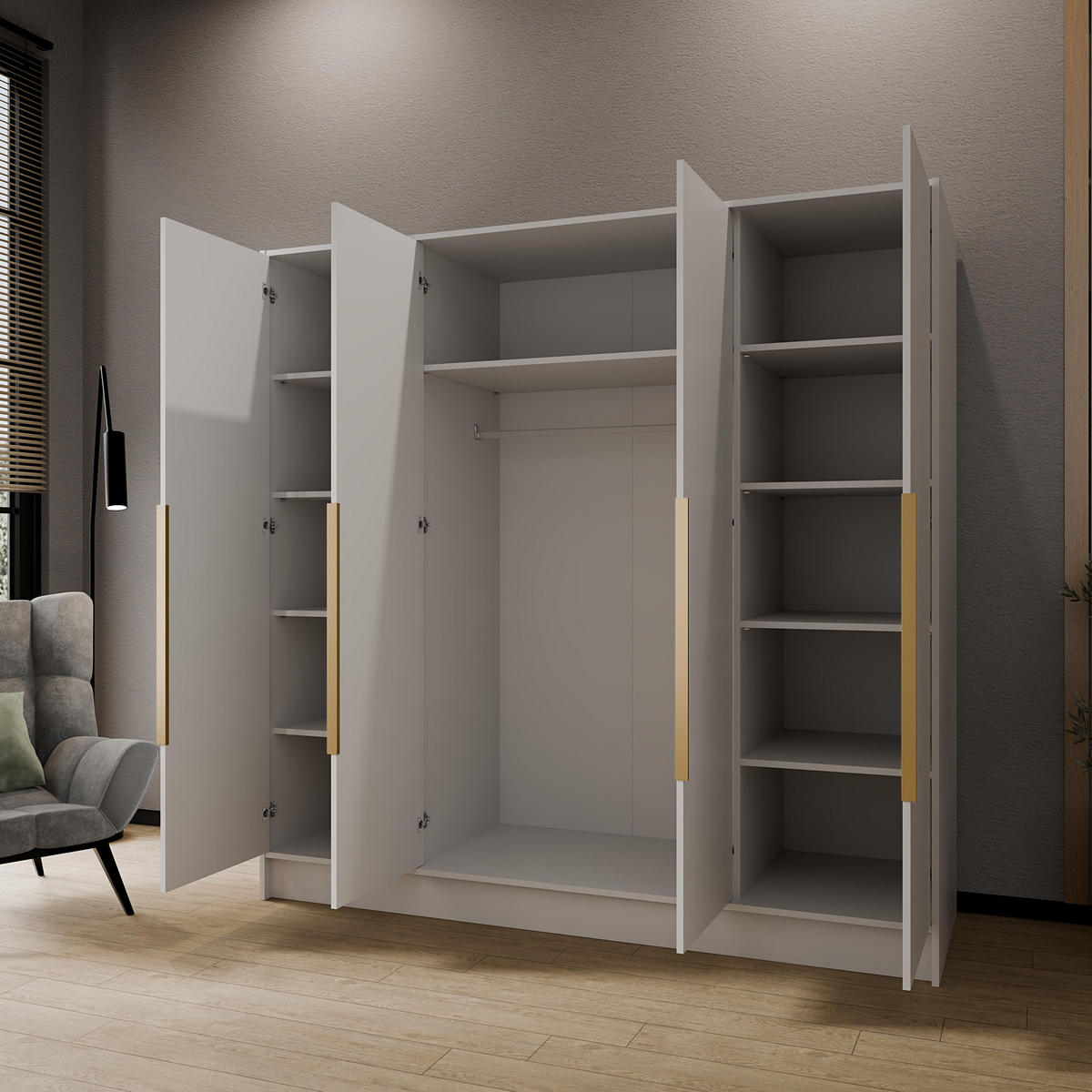 DREHTÜRENSCHRANK RENVO 200/200/51 cm Modern Kleiderschrank 4-türig mit Spiegel Weiß - Weiß, Holzwerkstoff (200/200/51cm) - MASSENO