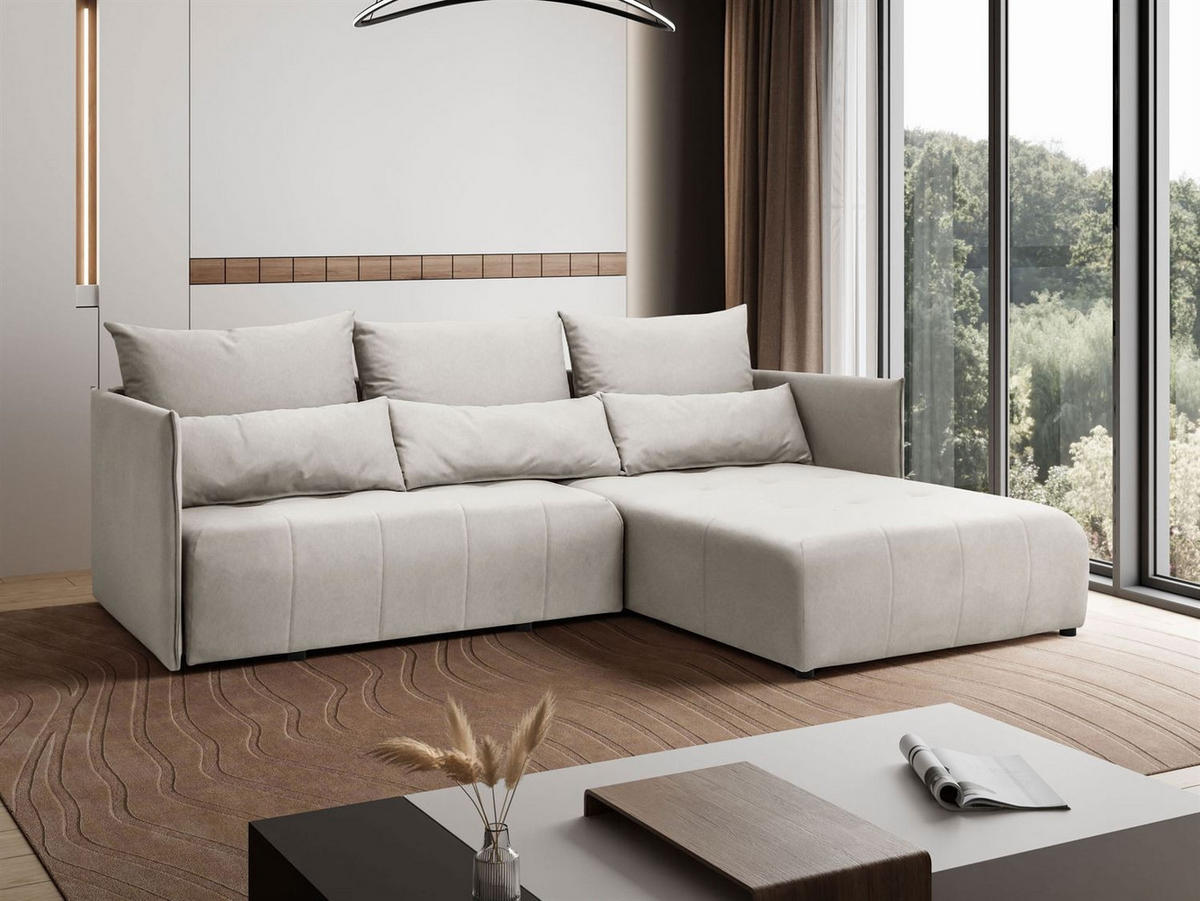 ECKSOFA APOLLO L mit Schlaffunktion und Bettkasten – rechte Seite - Ecru, Textil (246/188cm) - Lookway