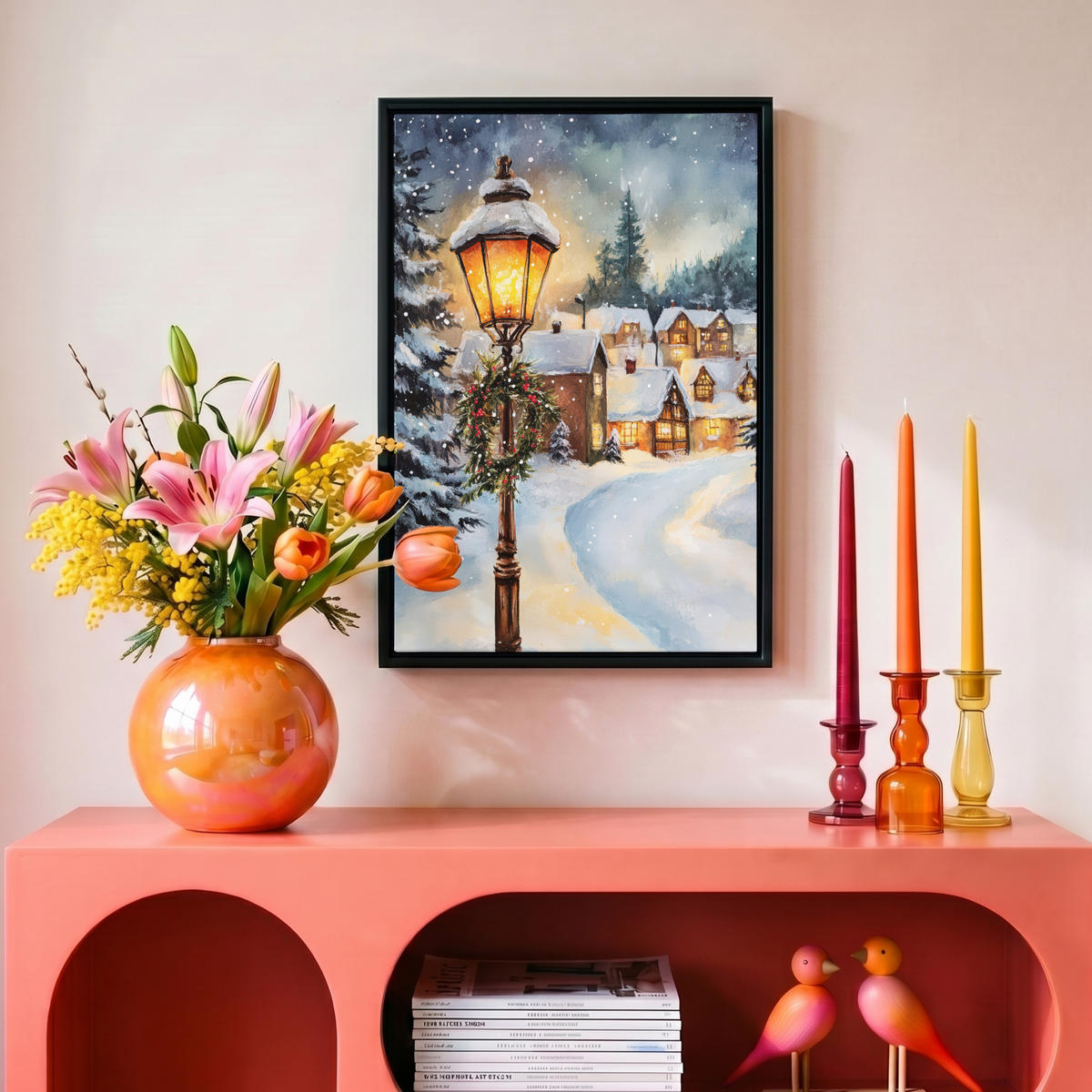 LEINWAND Bilder mit Rahmen - Weihnachtsdorf - Häuser - Schnee - Weihnachten - 20x30 - Sandfarben, Textil (20/30cm) - MuchoWow