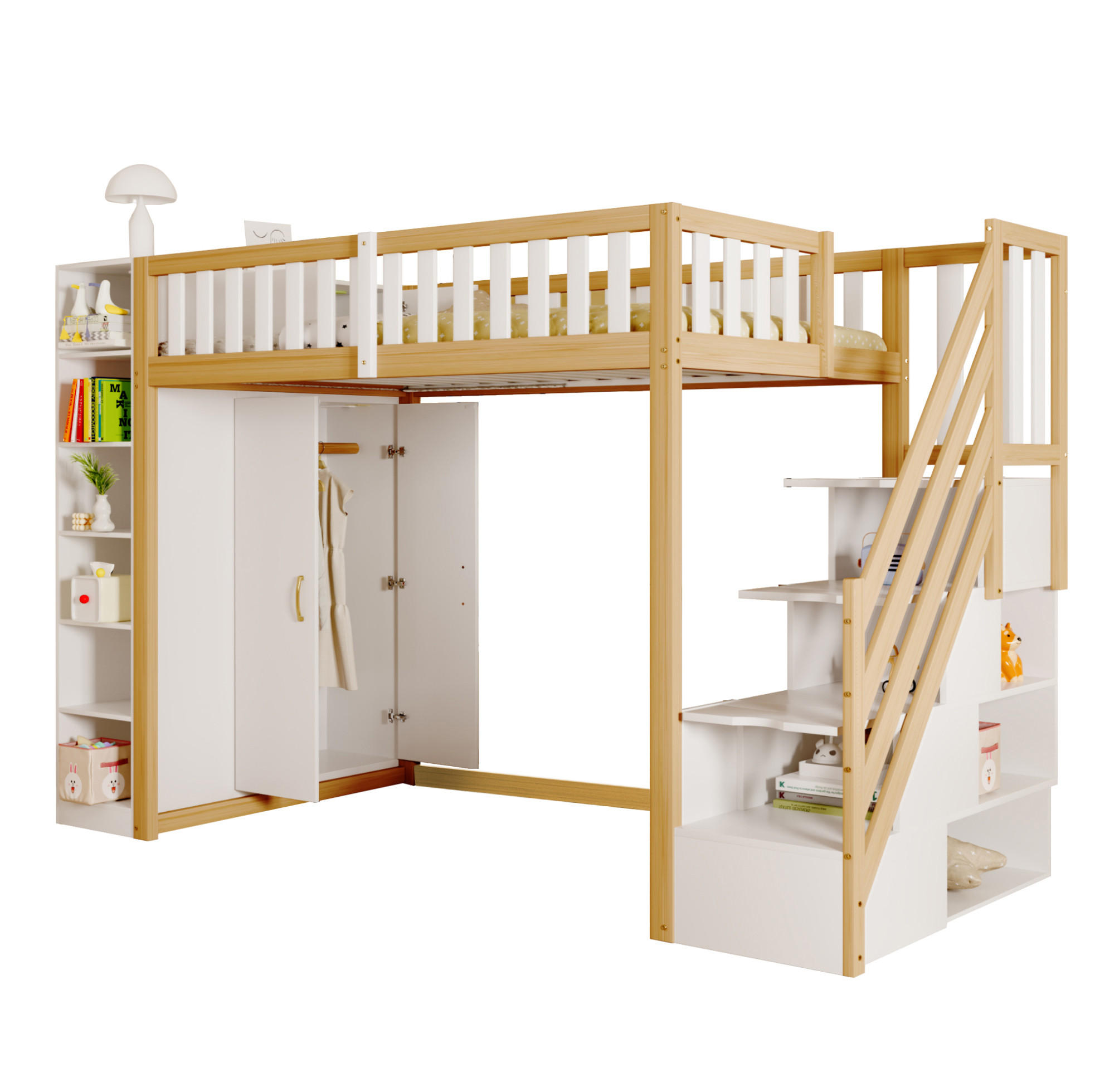 HOCHBETT 90/200 cm mit Kleiderschrank und Regalen, Weiß/Naturholz - Weiß, Holzwerkstoff (90/200cm) - Flora Grace